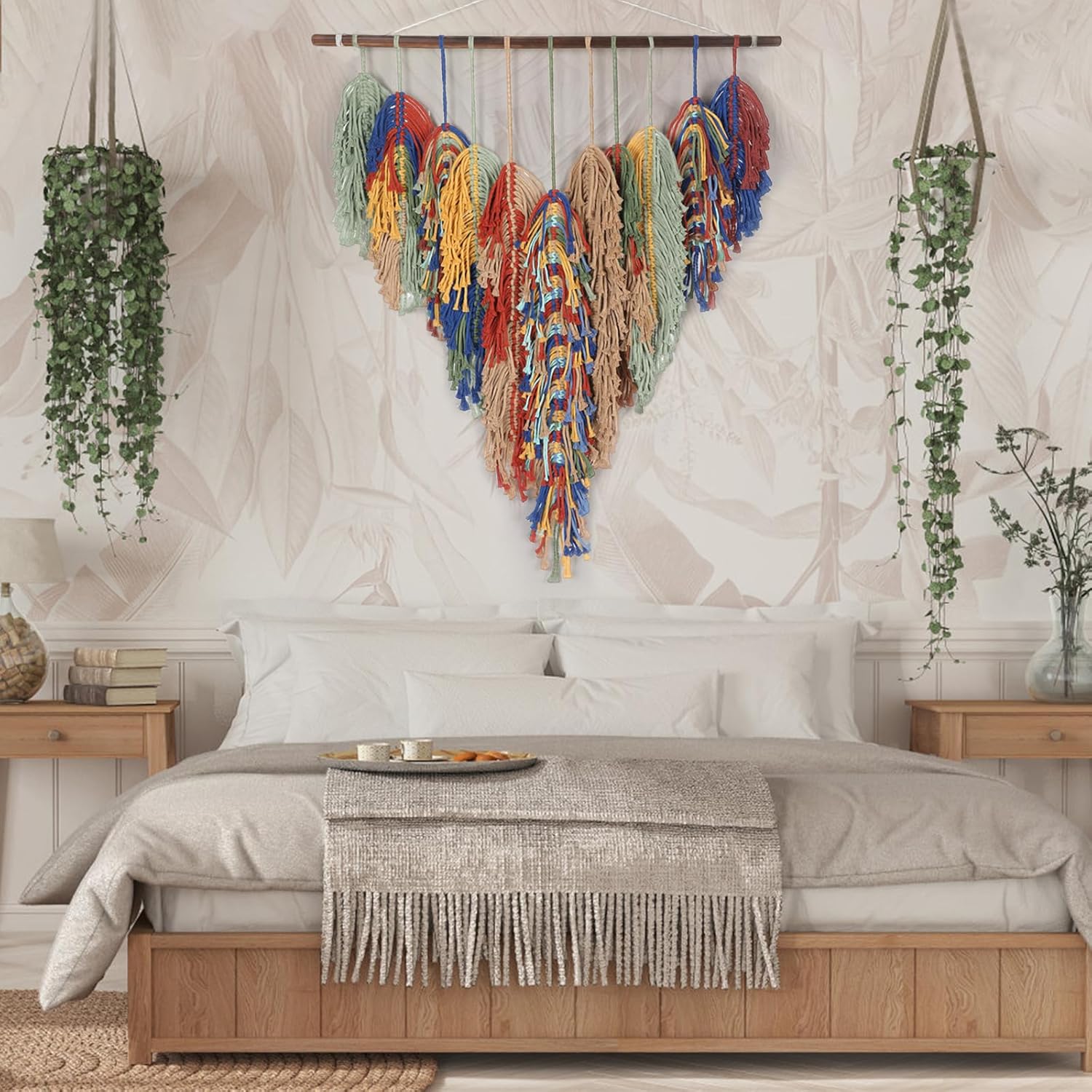 GYHPD Large Handmade Macrame Leaf & Feather Wall Hanging, 31.5" x 37.8" Boho Woven Tassel Wall Art, Rustic Bohemian Home Decor for Living Room Bedroom, Aesthetic Housewarming Gift for Mom