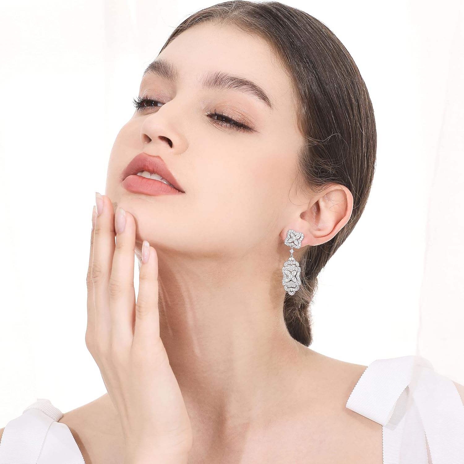 Wedding Earrings for Brides, Silver Earrings for Women, 18K White Gold Plated Sterling Silver Post Cubic Zirconia Dangle Earrings, Clear Crystal Hypoallergenic Chandelier/Tassel Earrings - Image 4