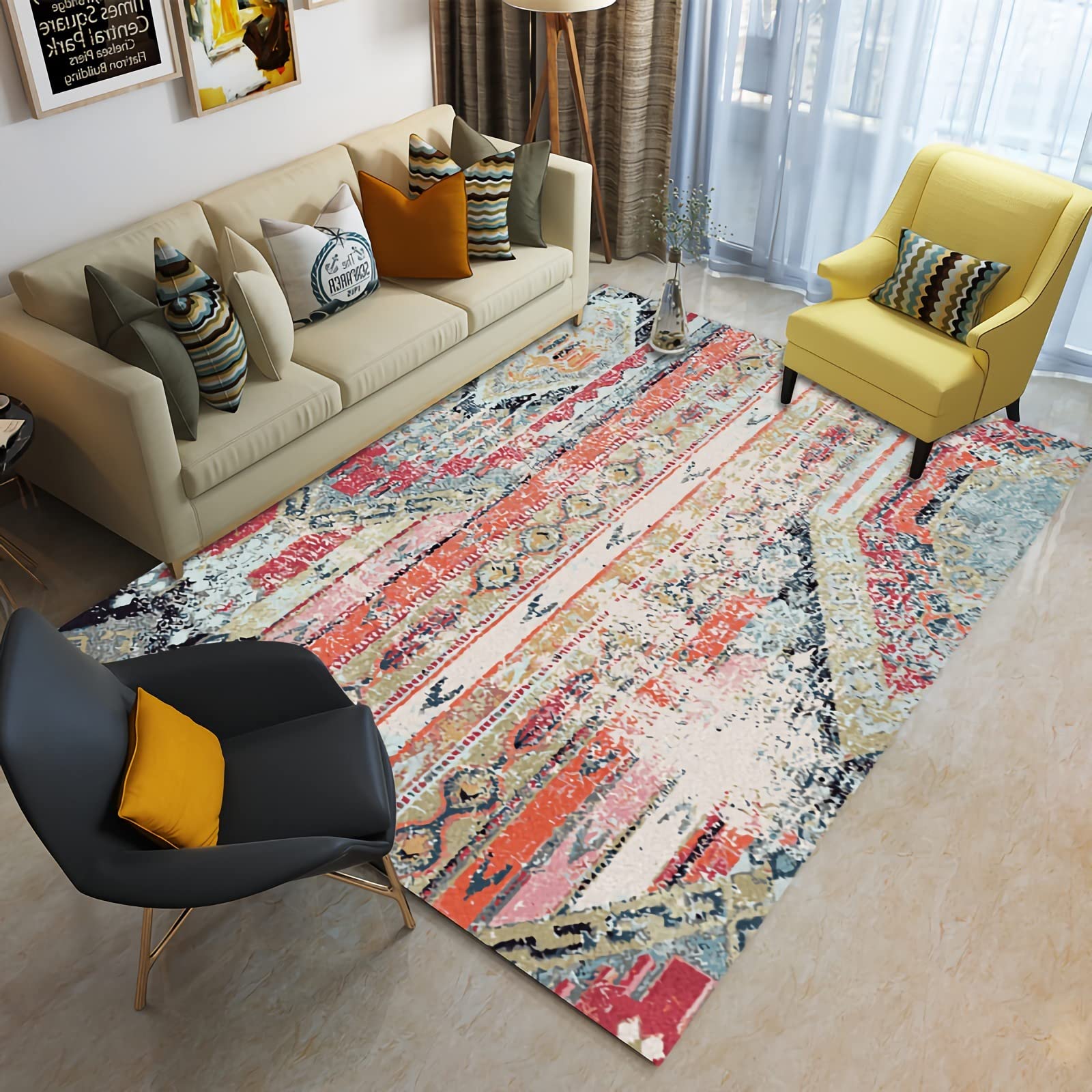 Dywan kominkowy, zmywalny trwały dywan czerwony żółty atrament design dywany do sypialni, tipi mata 60 x 120 cm