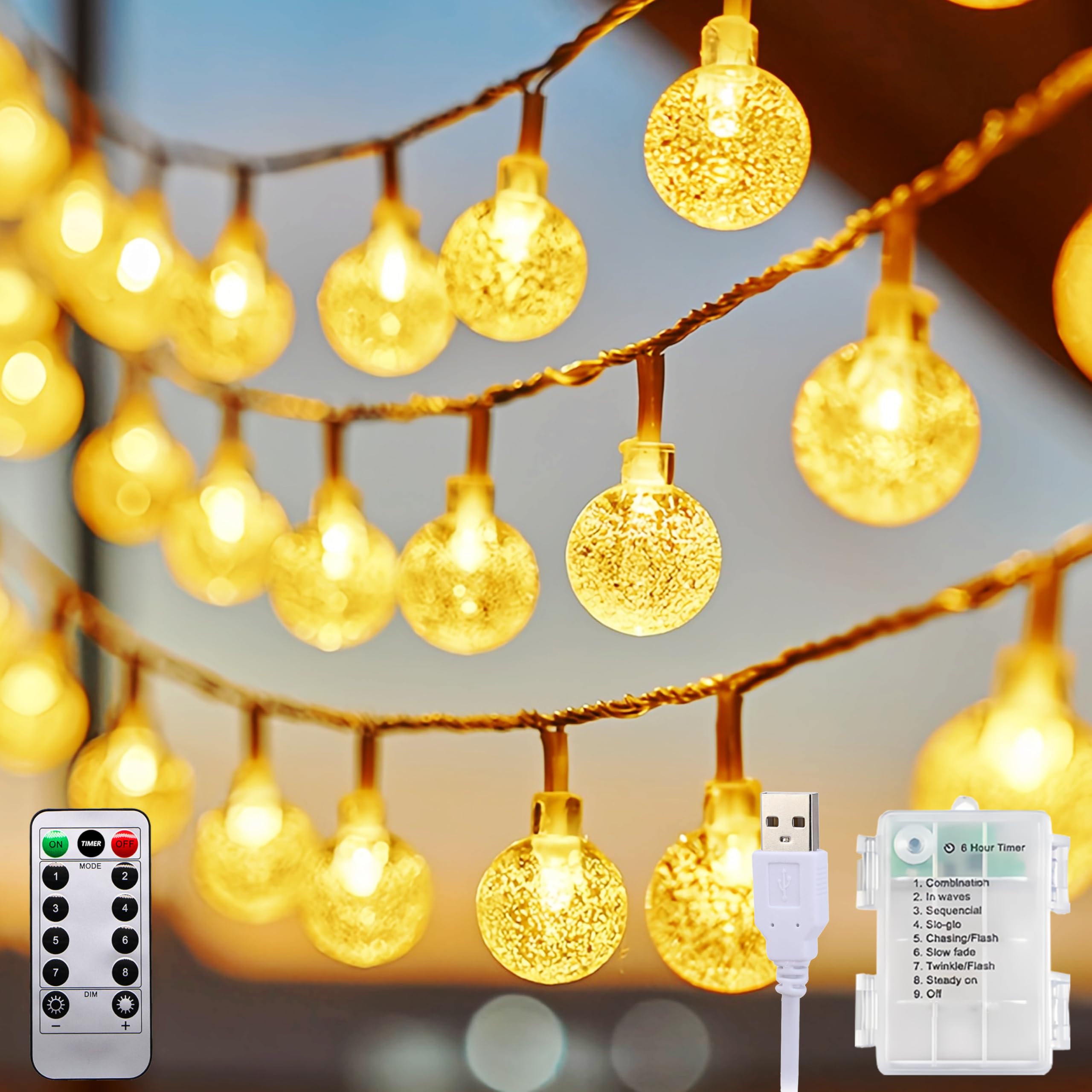 taiyongkang Lichterkette Batterie mit USB 12M 100LEDs Kristall Außen Innen Fernbedienung 8 Modus Wasserdicht Weihnachtsbeleuchtung für Hochzeit Wohnzimmer Camping