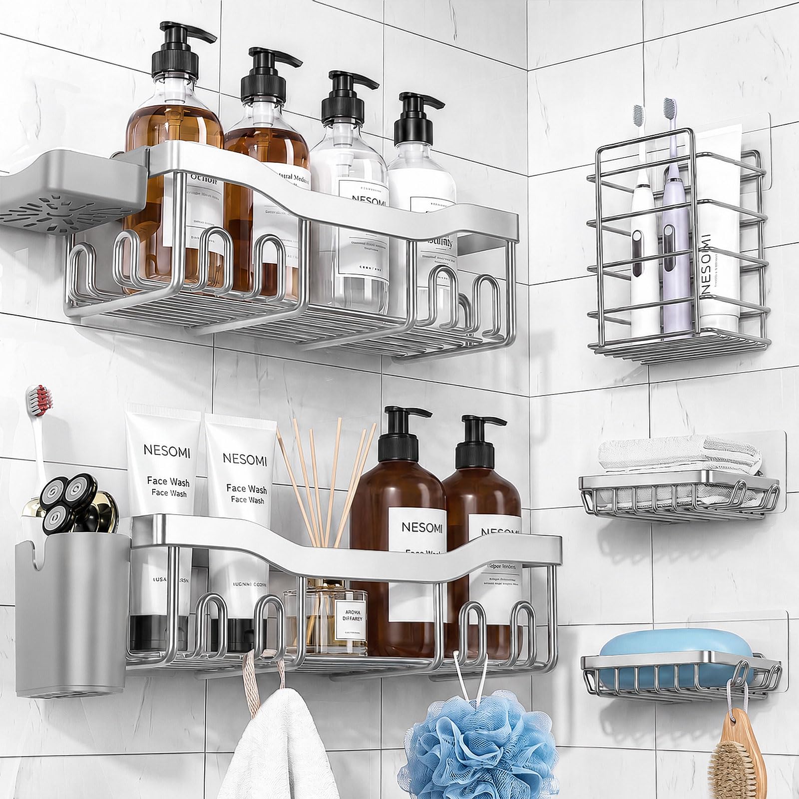 NESOMI Shower Caddy Adhesive Shower Organizer 7-Pack, Rustproof Stainless Steel Bathroom Shelves, Large Capacity No-Drill Rack Storage Accessories with Soap Dish Toothbrush Holder Hooks