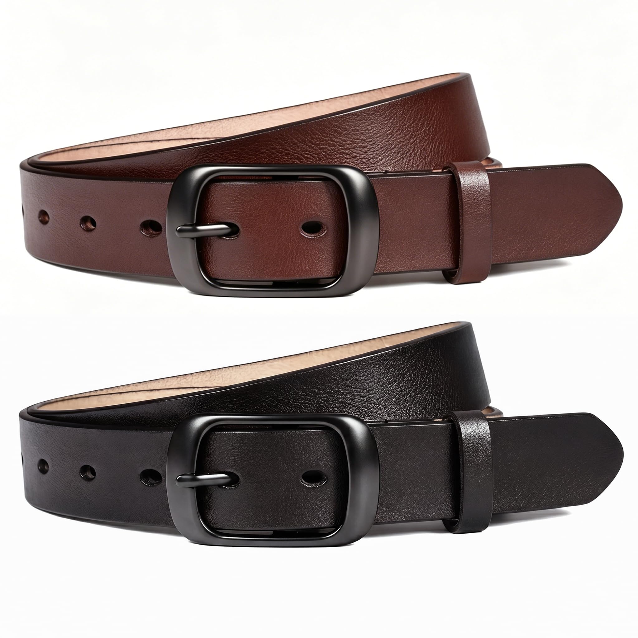 West Leathers [2 Pack Women's Belt, Fashion Cowhide with Pin Buckle Waist Belt for Jeans Pants, Black & Brown, Medium: 30"-34"