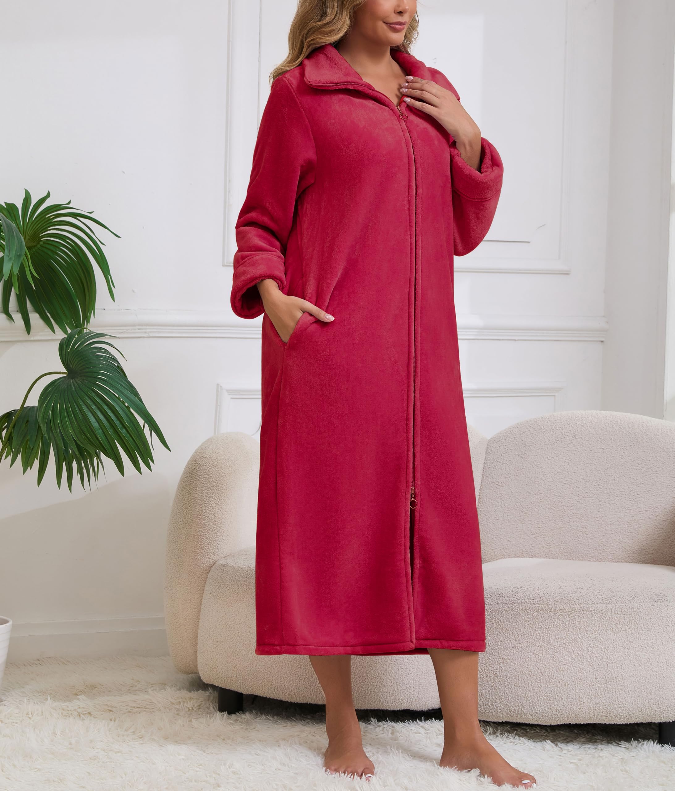 Rubehoow Peignoir en polaire doux et chaud pour femme avec fermeture éclair et poches pour l'hiver
