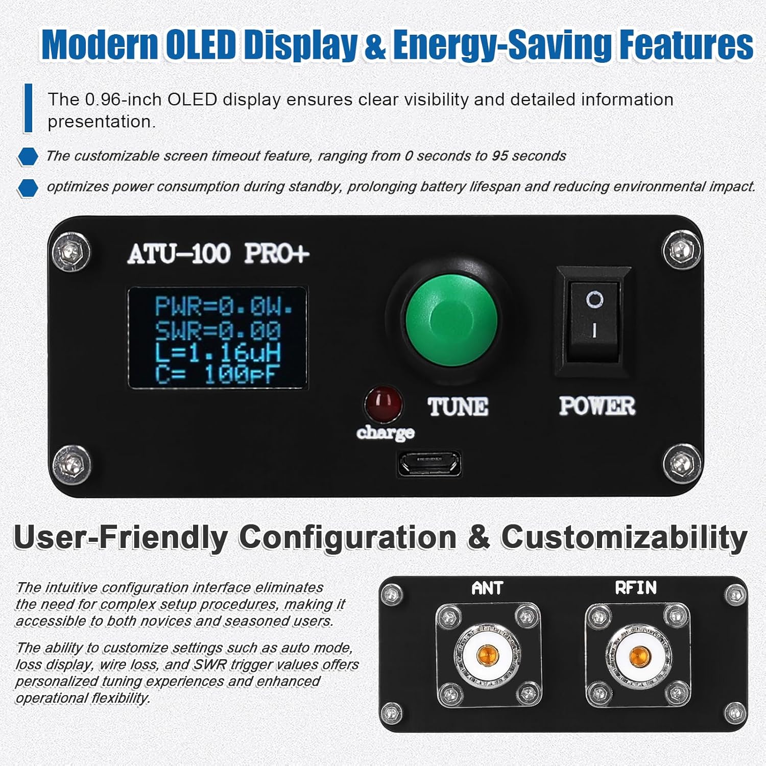 Assembled Automatic Antenna Tuner 1.8-55 Portable 0.96-inch OLED Display Automatic Tuner