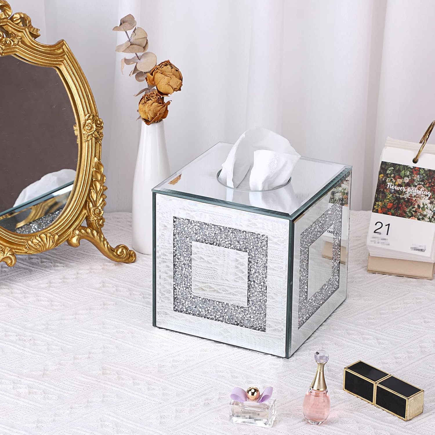 Kokone Tissue Box Cover Square Glass Mirrored Tisse Box,Silver Crystal Crushed Diamond Tissue Box Holder,Sparkly Tissue Holder for Bathroom Bedroom Living Room Kitchen Table Desk Office Decor