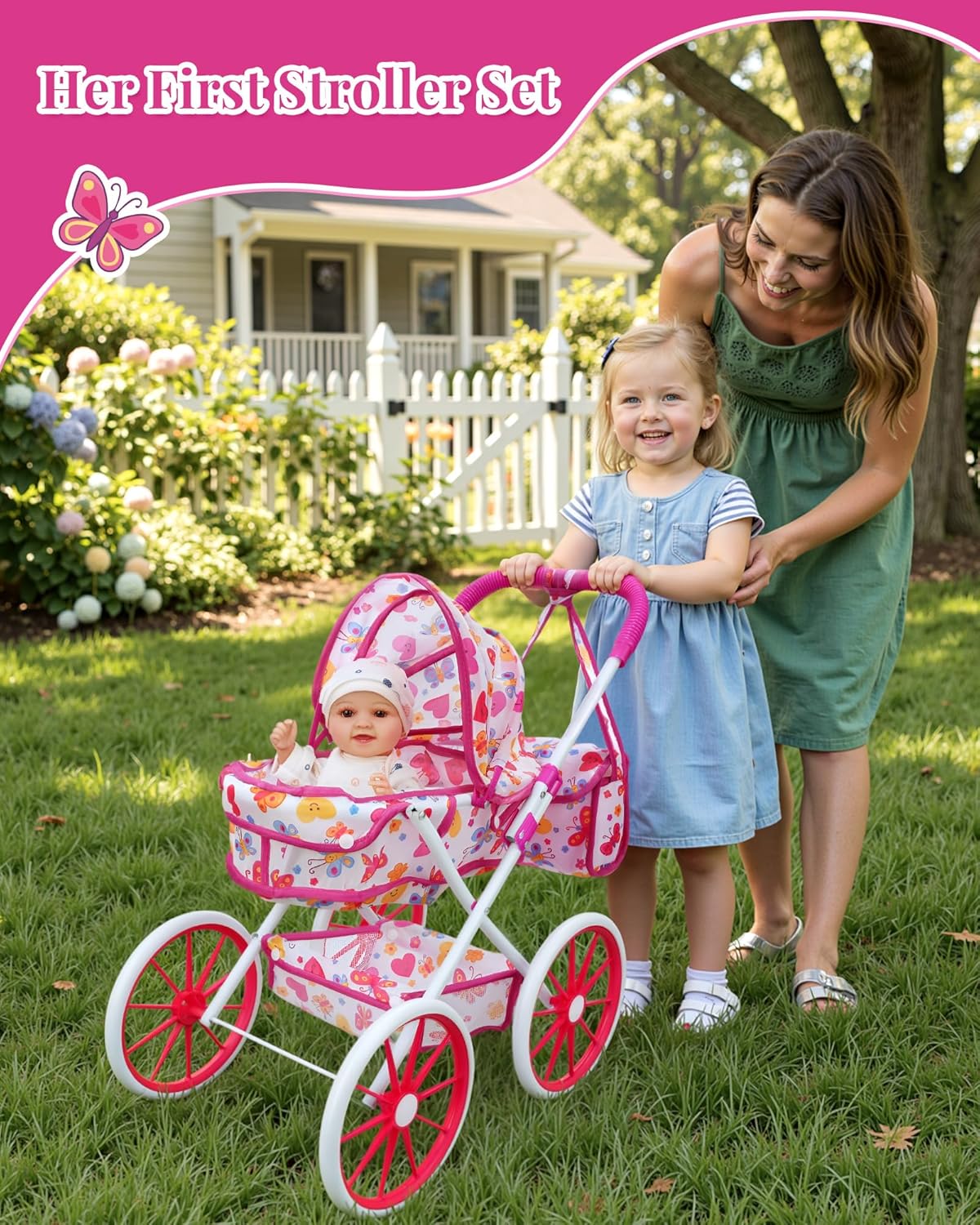 JIZHI Baby Doll Stroller with 12 Inch Dolls, 27-Piece Doll Stroller Set with Baby Doll Accessories for Pretend Play, Feeding & Bedding Playset Gift for Kids 3+