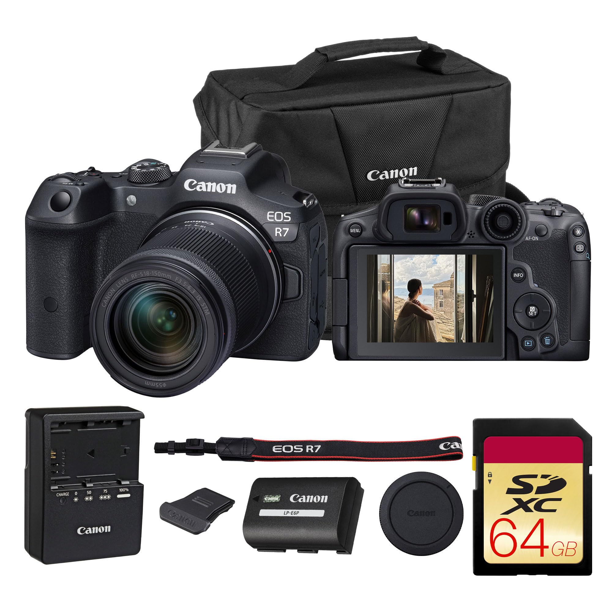 Canon EOS R7 Mirrorless Camera with 18-150mm Lens | Speed, Precision, and Versatility for Hybrid Creators (5137C009) + 64GB Memory Card + Canon Shoulder Bag-image-3