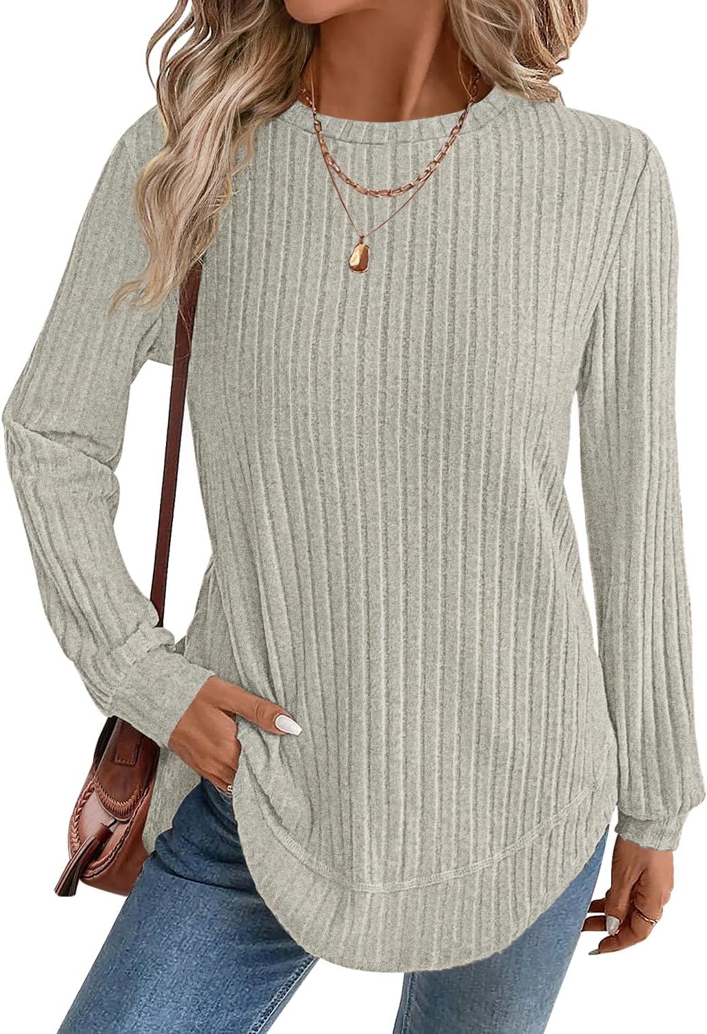 JUSTFASHIONNOW Womens Long Sleeve Shirts Trendy Sweaters Lightweight 2025 Casual Crewneck Fall Tunic Tops Loose Fit Dressy