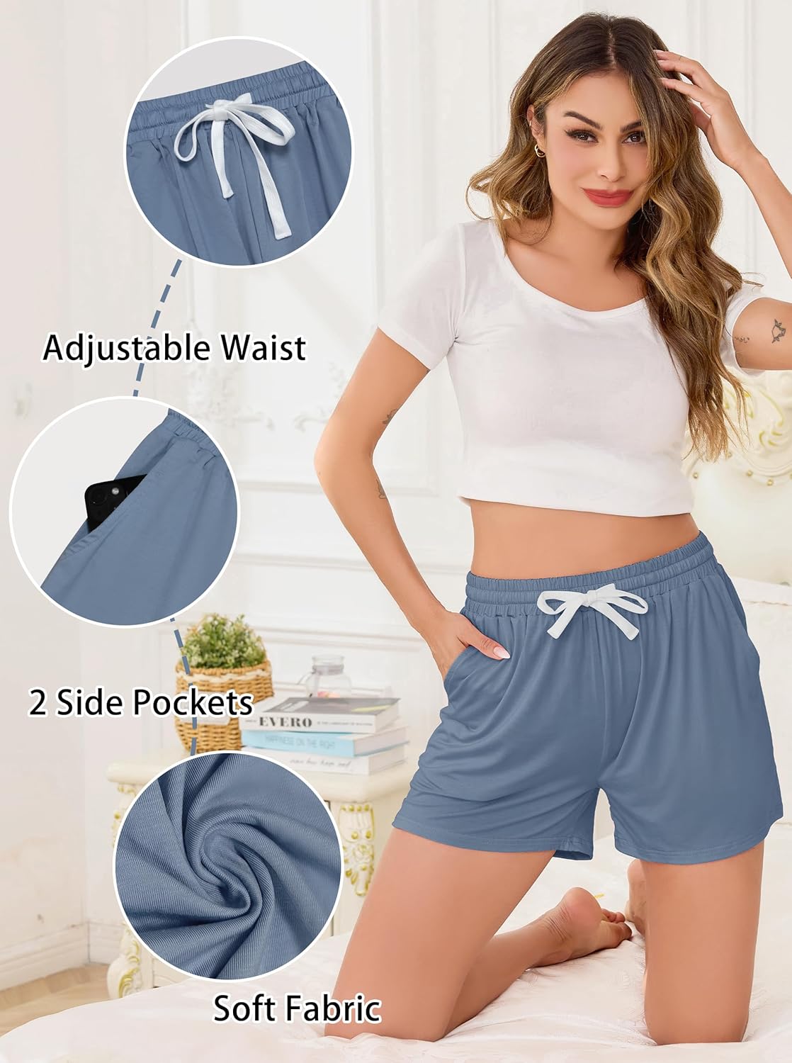 Vlazom Women's Cotton Pajama Shorts Comfy Sleep Shorts with Drawstring/Pockets Soft Breathable Sleepwear S-3XL(Pack of 2) - Image 4