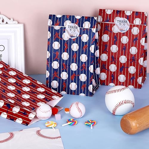 Miniatura 3 de durony 24 bolsas de papel kraft para fiestas de béisbol, 9.4 x 5.1 x 3.1 pulgadas, bolsa de dulces con calcomanías para decoraciones temáticas