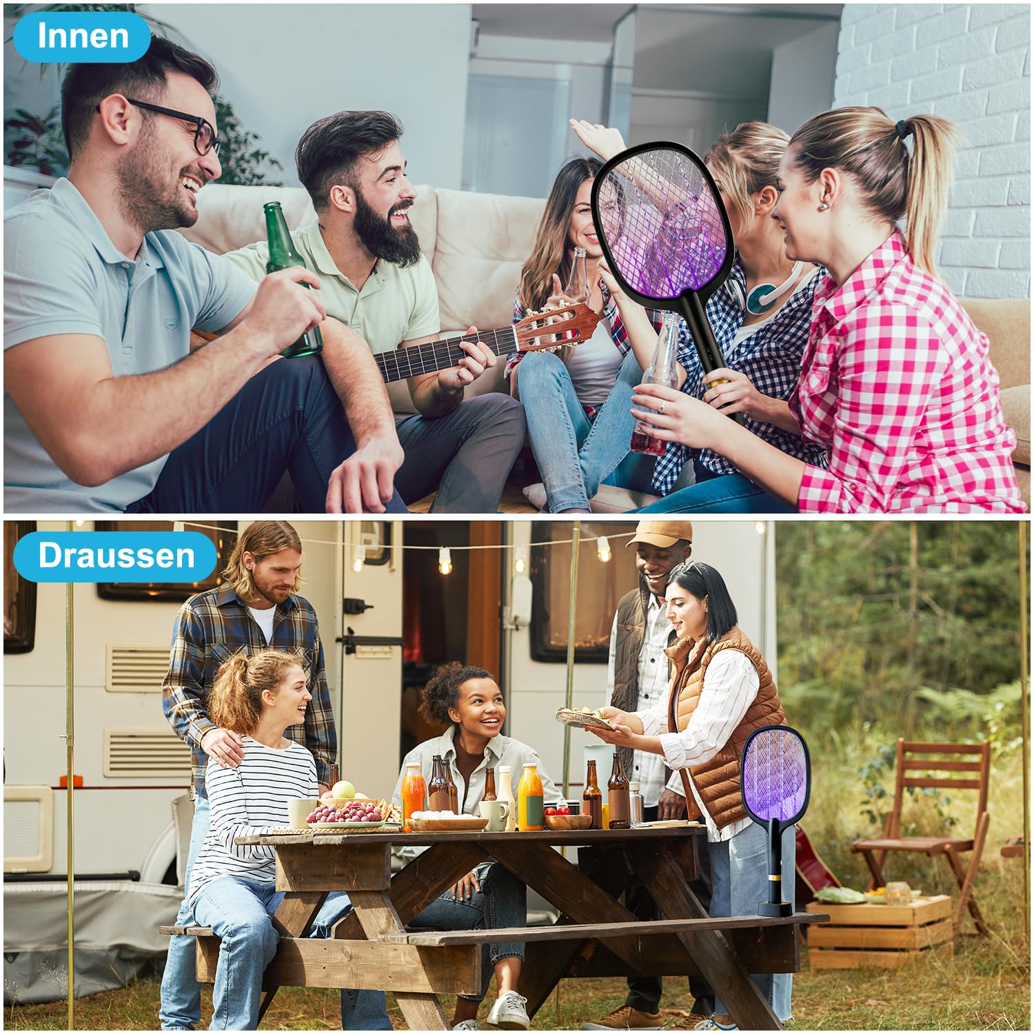 Electric Fly Swatter Racchetta Zanzare Elettrica 5000V 1800mAh con USB Ricaricabile e LED 2 in 1 con Base Recargable, LED Trappola per Zanzare para Uso en Interiores y al Aire Libre (1 pezzo)