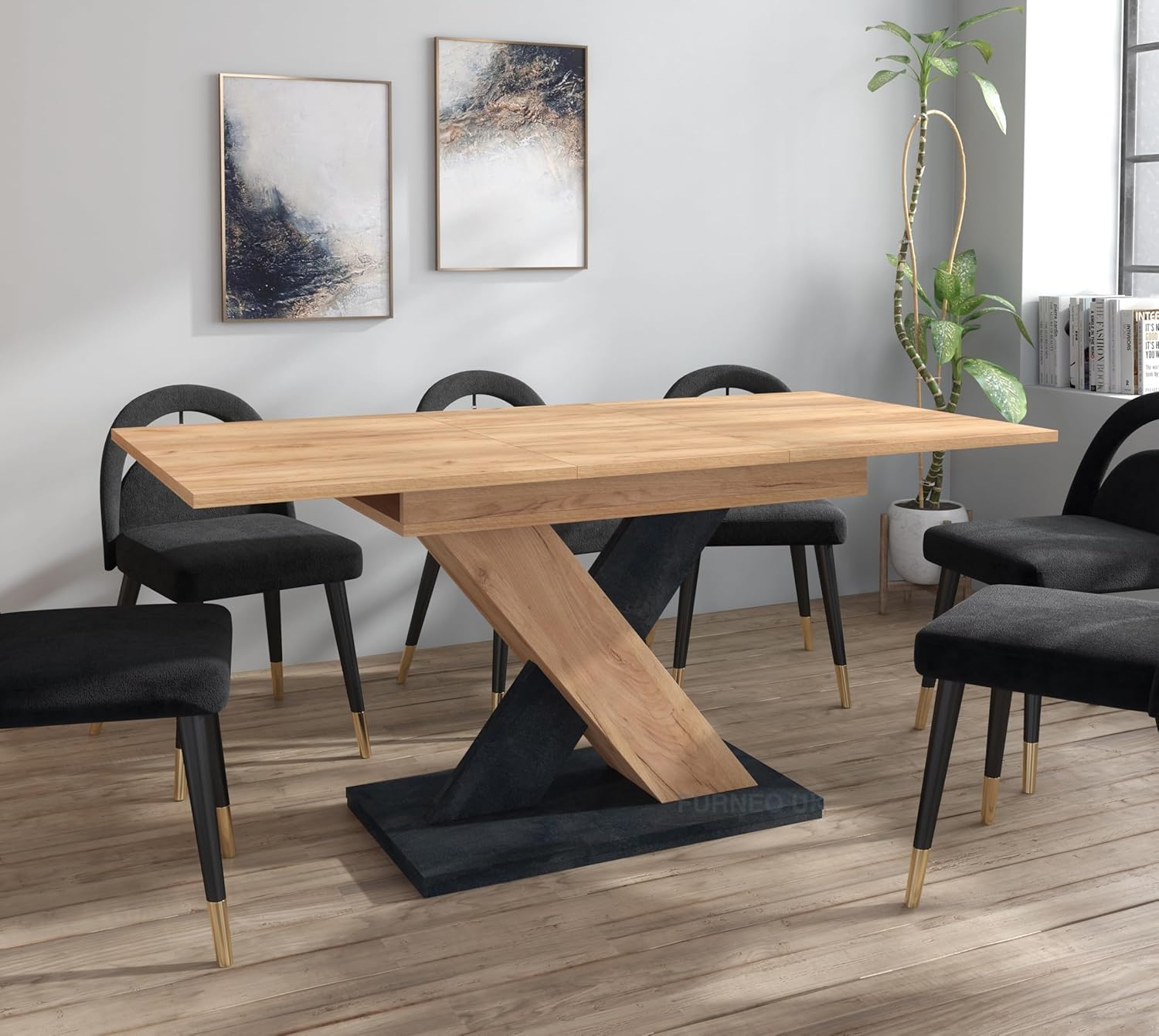 Furneo Modern Dining Table Extendable 120-160cm Oak & Black Concrete ...