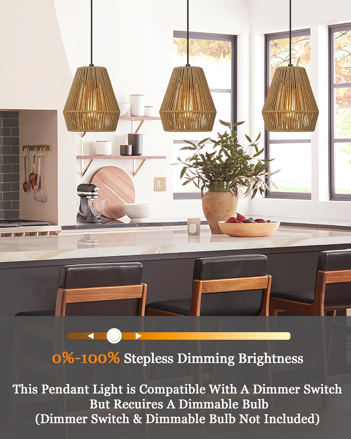 ELYONA 3 Pack Woven Pendant Lights, 7” Modern Boho Hanging Lamp with Handwoven Woven Rattan Shade, Adjustable Farmhouse Coastal Pendant Light Fixtures for Kitchen Island,Dining Room,Bar, Foyer Hallway