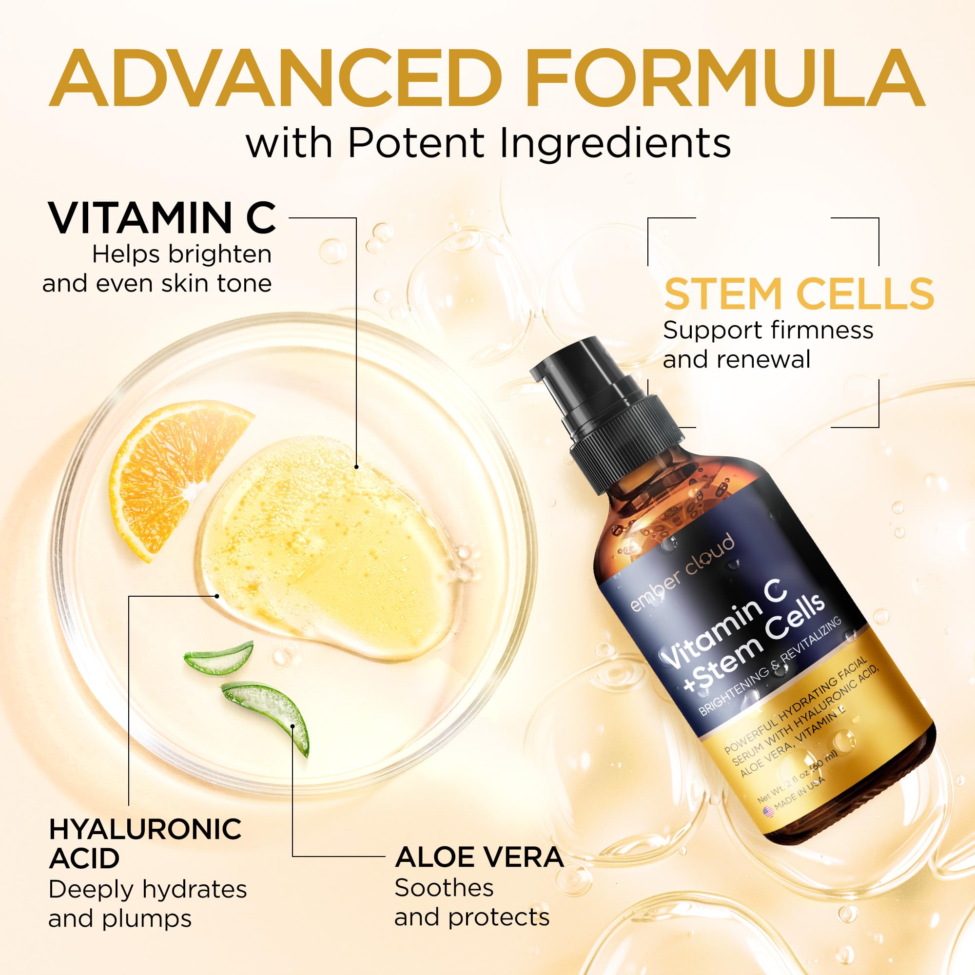Siero alla vitamina C per viso e occhi (2 oz) con acido ialuronico, cellule staminali, vitamina E e aloe vera: favorisce la salute della pelle e unifica il tono.