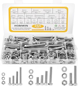 Homwin 255Pcs Stainless Steel Bolts and Nuts Kit, 1/4-20, 5/16-18, 3/8-16 Hex Bolt and Nut Set, Assorted Screw Assortment Kit Silver