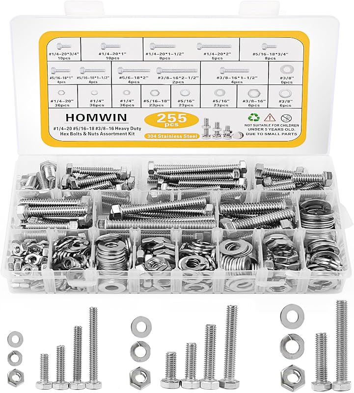 Homwin 255Pcs Stainless Steel Bolts and Nuts Kit, 1/4-20, 5/16-18, 3/8-16 Hex Bolt and Nut Set, Assorted Screw Assortment Kit Silver