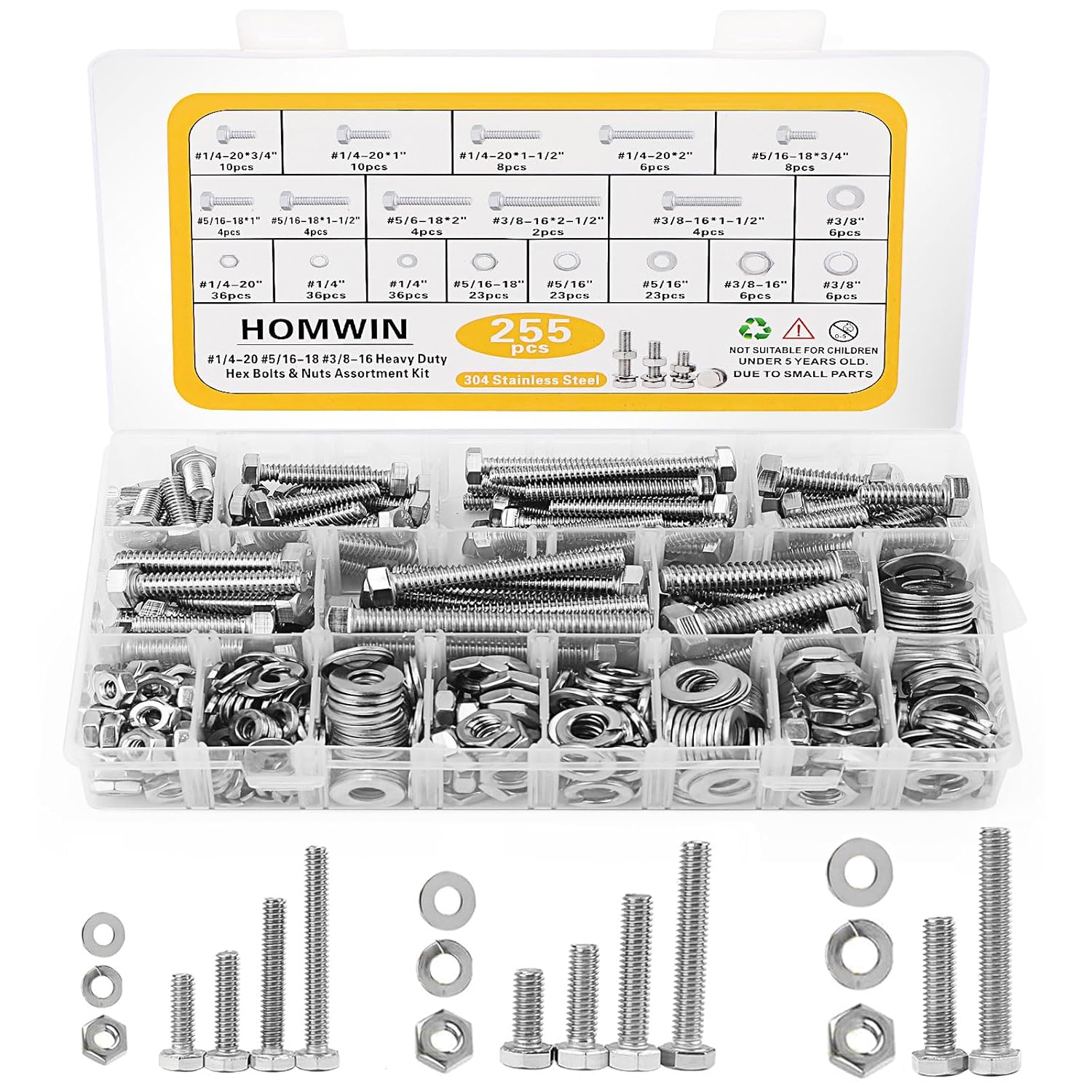 Homwin 255Pcs Stainless Steel Bolts and Nuts Kit, 1/4-20, 5/16-18, 3/8-16 Hex Bolt and Nut Set, Assorted Screw Assortment Kit Silver