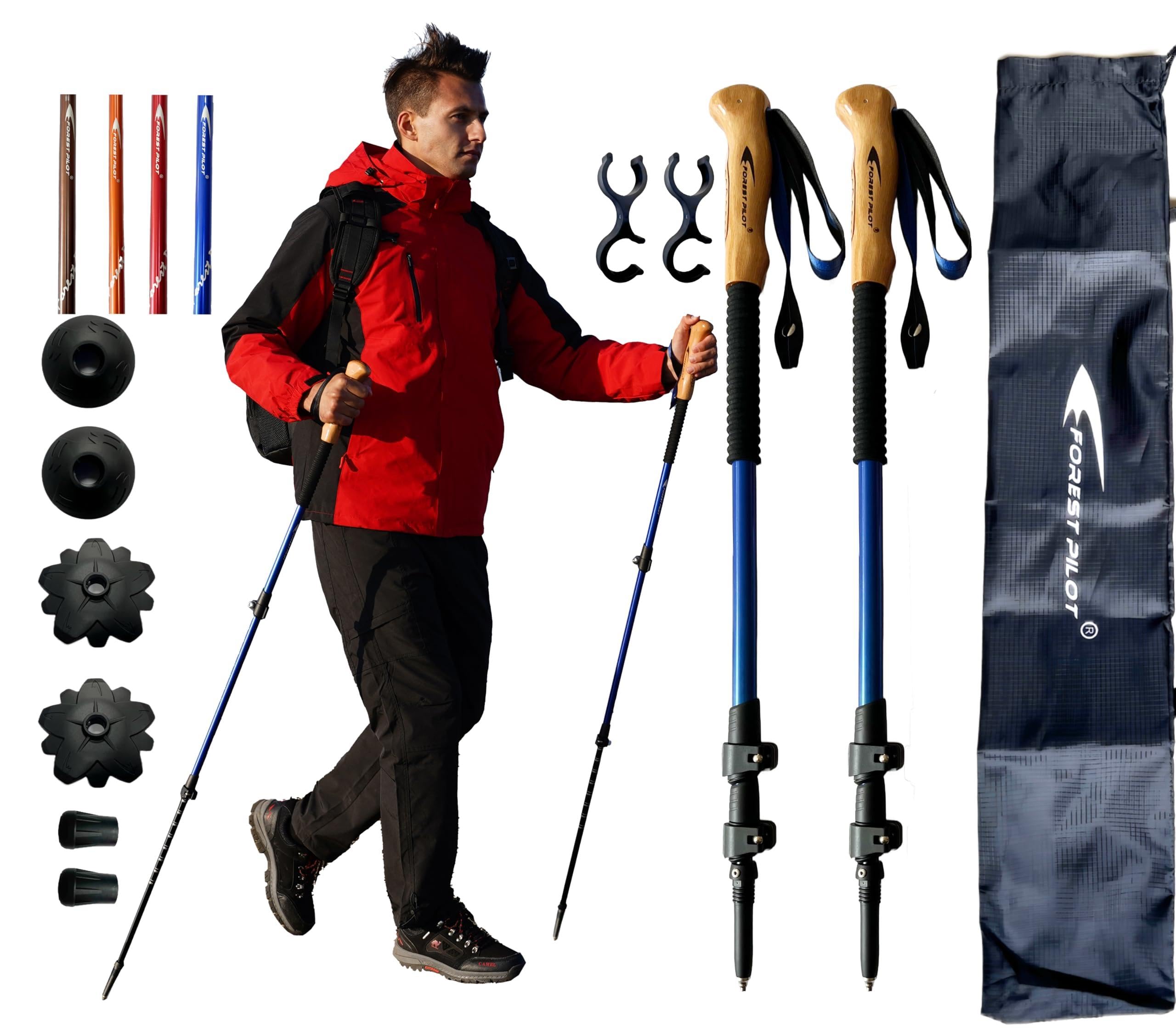 FOREST PILOT Bastones de trekking, aluminio ligero 7075 con cierre abatible y accesorios todo terreno, par de 2 bastones para senderismo con agarre de madera de haya o EVA