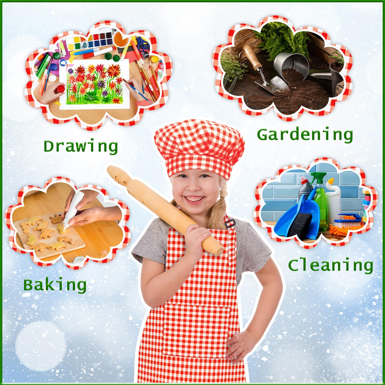 TOPWAYS Grid Kids Apron and Chef Hat Set, Adjustable Check Child Chef Aprons with 2 Pockets - Image 3