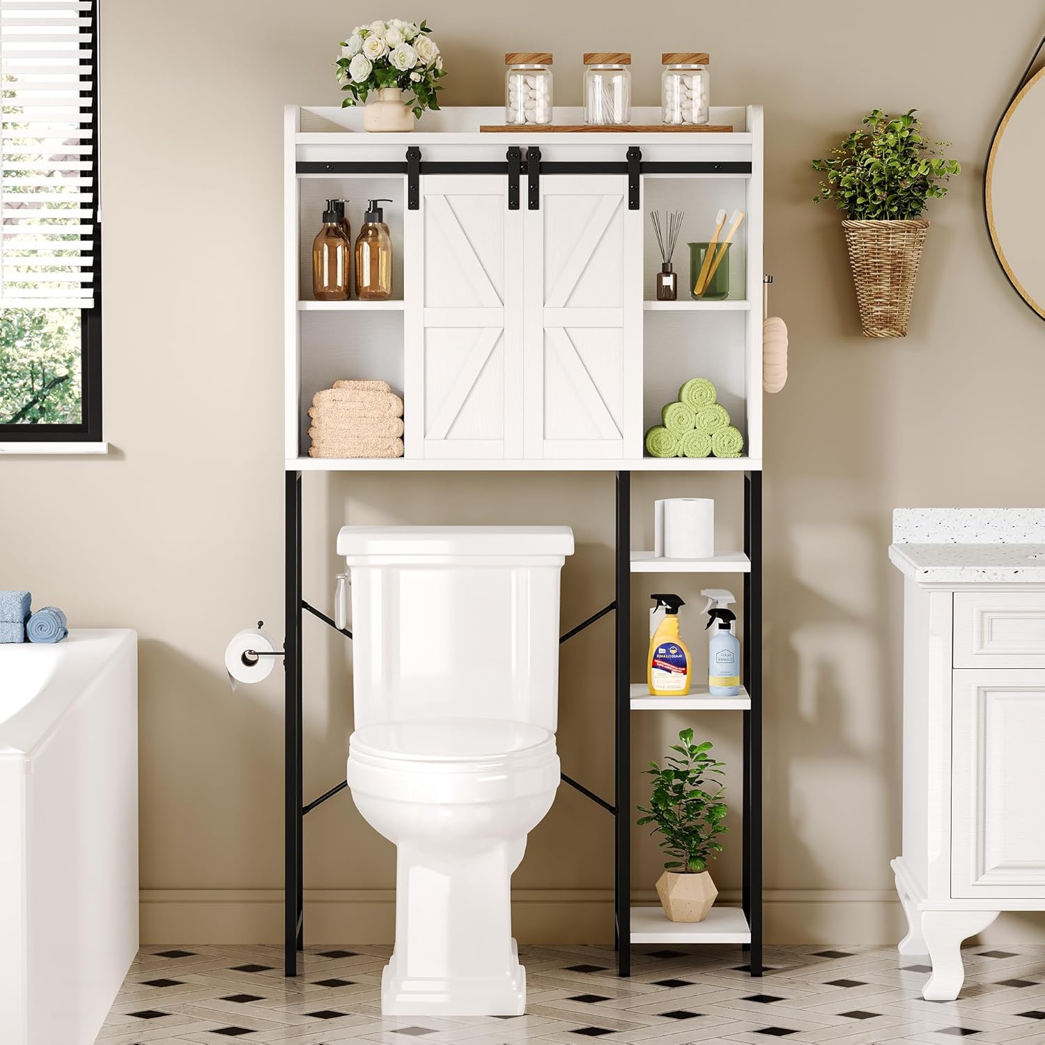 YITAHOME Over Toilet Storage Cabinet, Farmhouse Bathroom Shelves Above Toilet, Bathroom Organizer with Sliding Doors, Toilet Cabinet w/Side Shelves for Restroom, Laundry, White