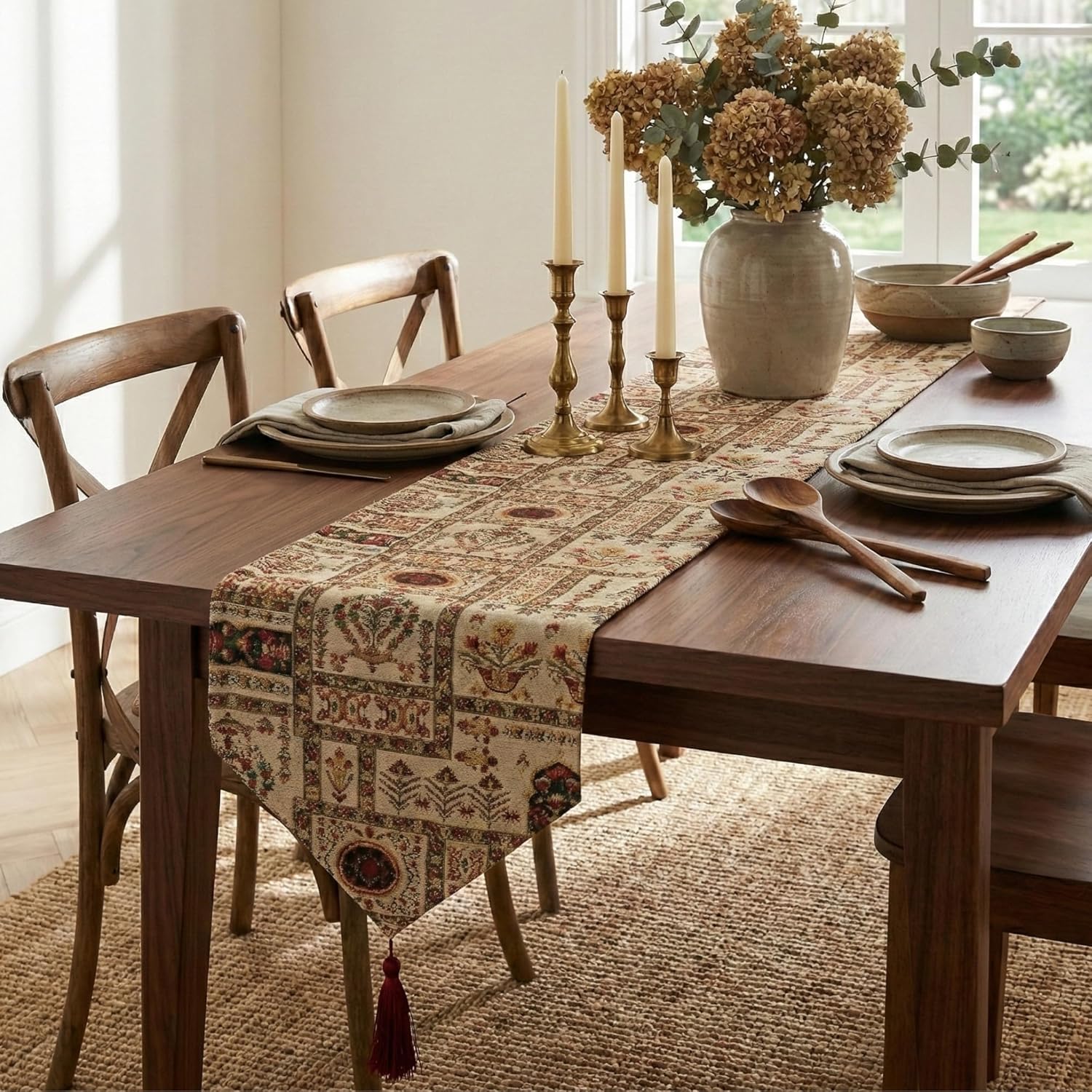 DaDa Bedding Cottage Mughal Floral Tapestry Table Runner Reversible Botanical Boho Dining Mat - 13" x 90"