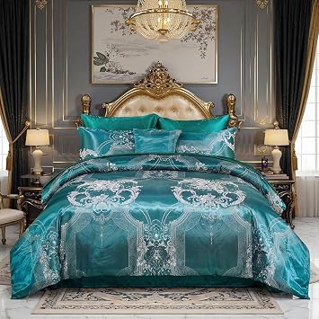 Bedding_Dreamer Jacquard Queen Comforter Set Green Sheet Set Satin Bedding Set 8 Pcs Vintage Neoclassical Floral Bed Home Decor Soft Comforter Luxury Hotel Silky Bed in a Bag with 1 Cushion Cover