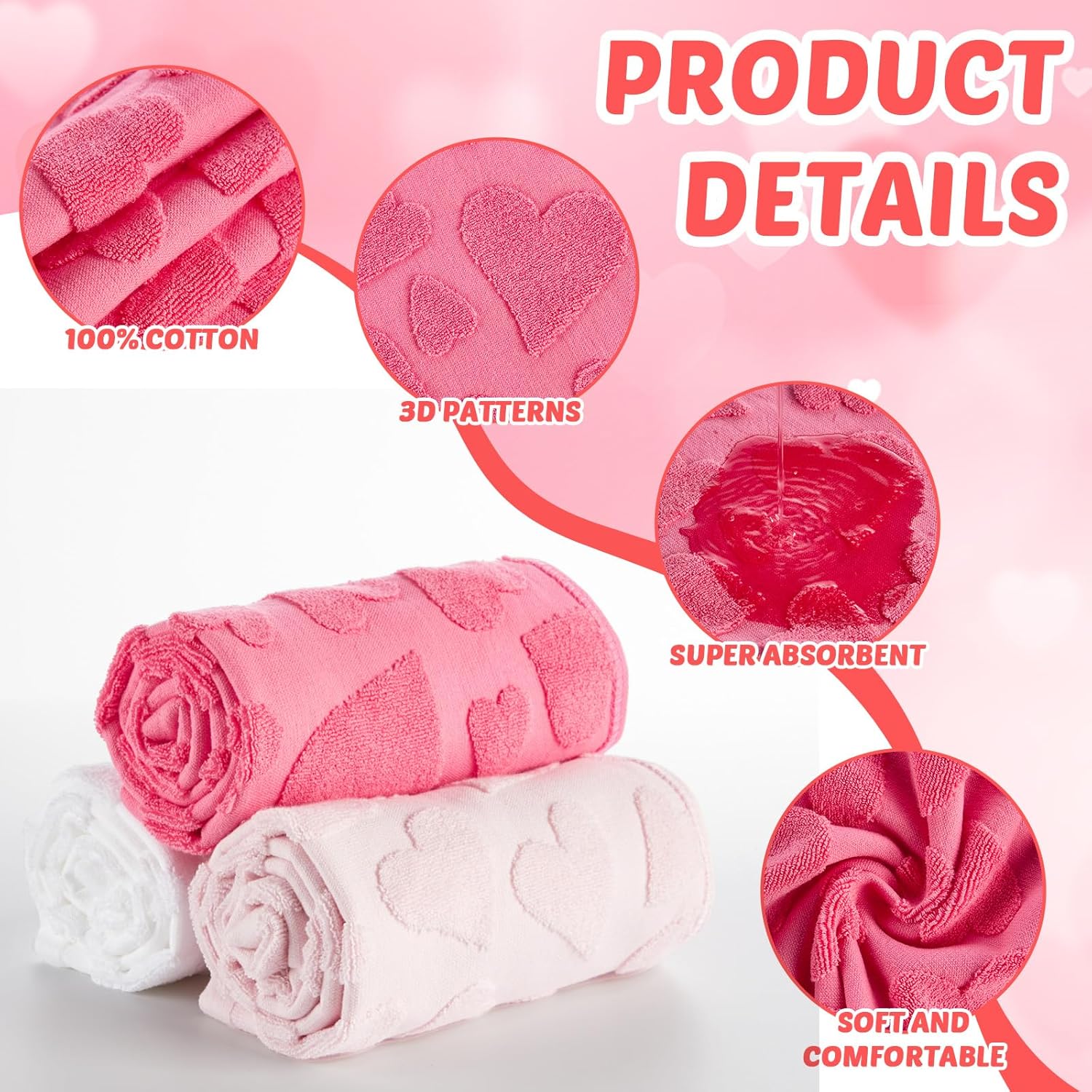 3 Pack Heart Valentine's Day Hand Towels Gradient Red Bathroom Decorative 100% Cotton Soft Absorbent Decorative Soft Hand Towel Set for Kitchen Drying Cleaning Cooking Holiday 13.7'' x 29.5''