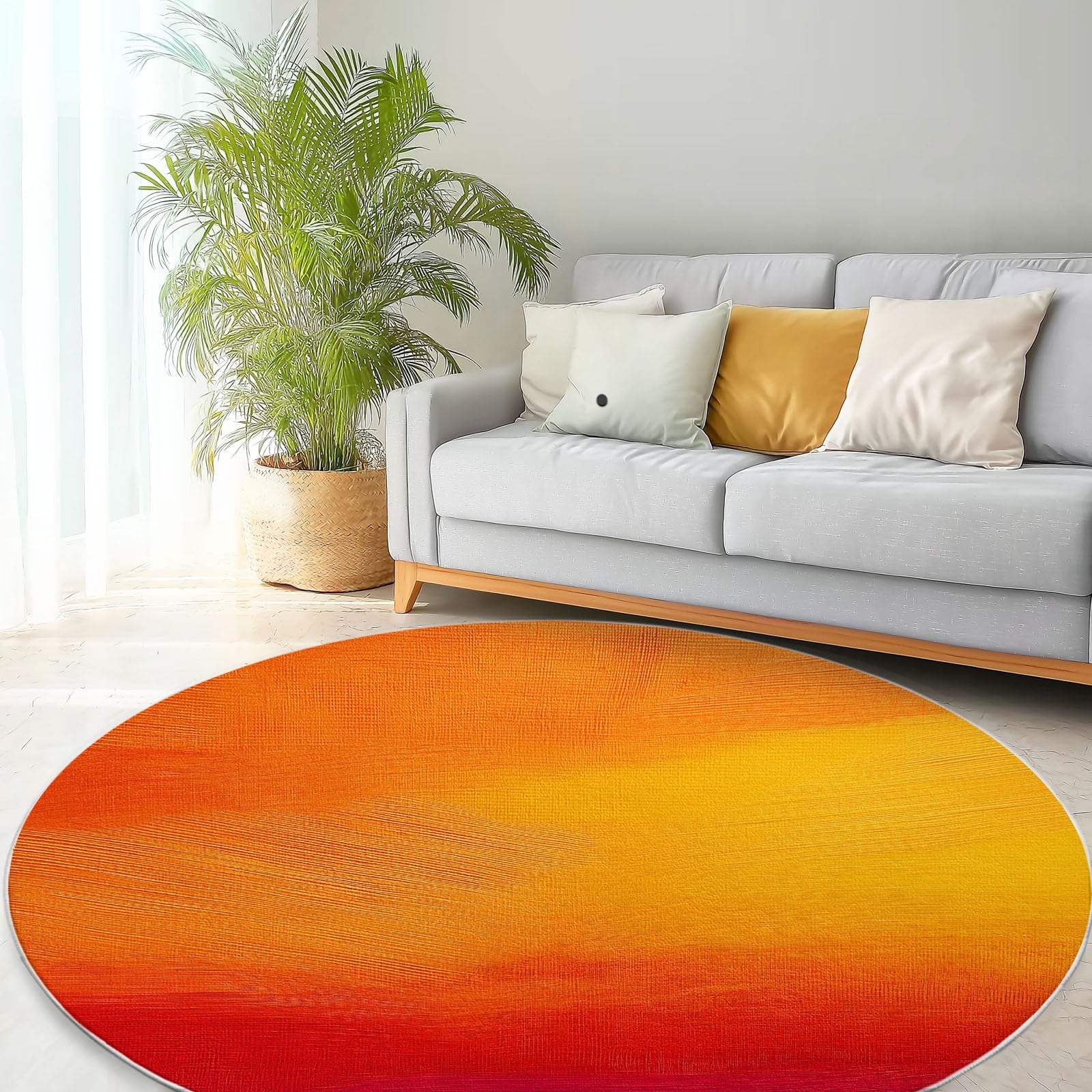 Kuscheliger Kurzflor Rund Teppich 120 cm, Robuster Wurfteppich mit Einfach Sonnenuntergang Farbverlauf aufgedrucktem Muster - Anti-Rutsch-Unterseite und ideal als Indoor Akzent (Orange-Rot)