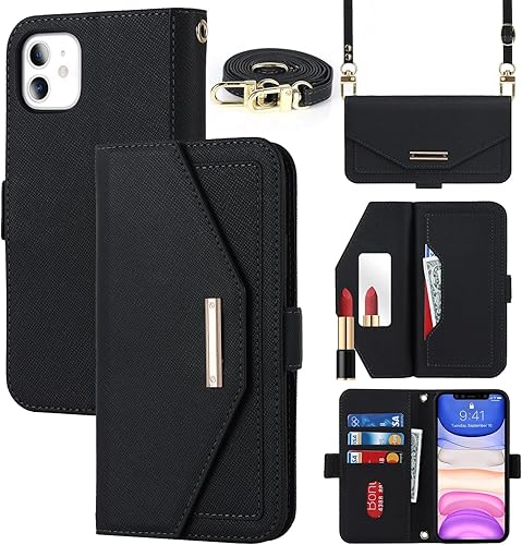 Jaorty Funda tipo cartera cruzada para iPhone 11 con correa de cordón ajustable, soporte para tarjetas de crédito de 6.1 pulgadas, bolso de piel