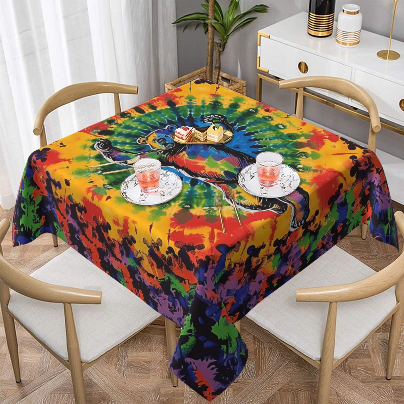 WPKJU Bear Dancing Tie Dye Printed Square Tablecloth 60x60 inch Water Resistant Table Cover Washable Rectangle Table Cloth for Dining Tables