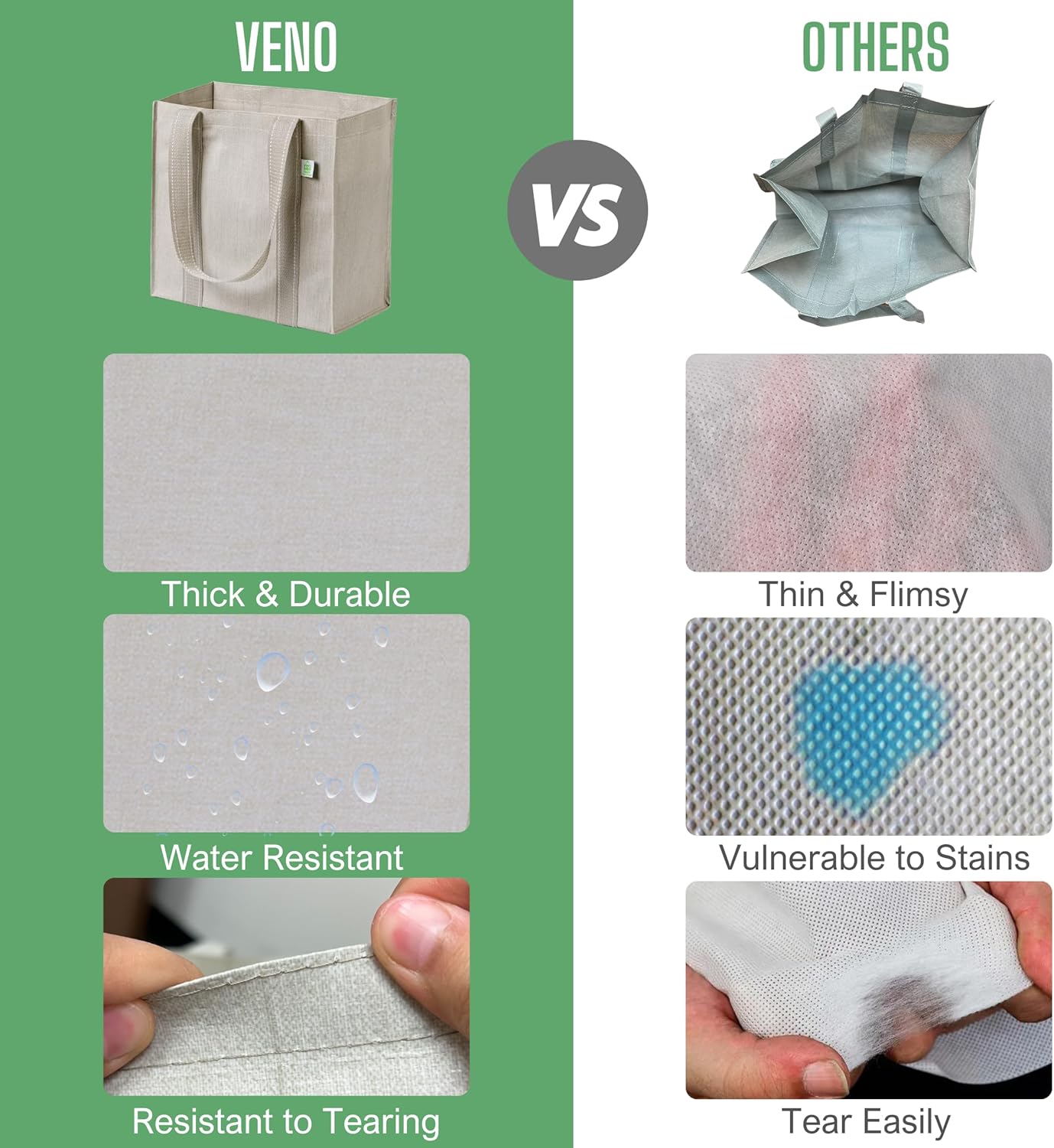 VENO 2-4 Pack Reusable Grocery shopping Bags, Medium Tote Bag w/Handle Hard Bottom, Heavy Duty, Foldable Carrier - Image 5