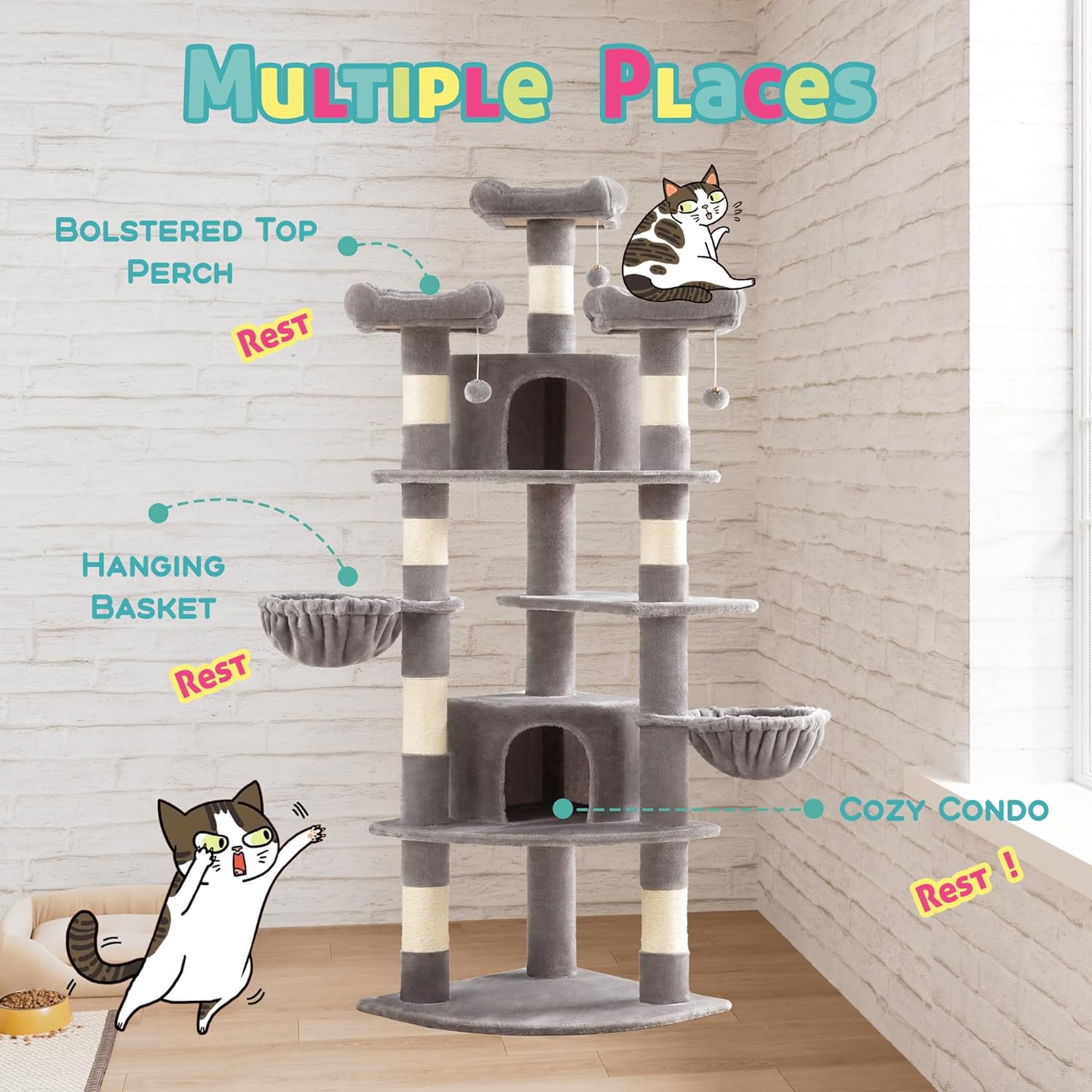 SHA CERLIN 73" Space-Saving Cat Tree/Multi-Level Tall Cat Tower with Perches/Scratching Posts/Condo & Hanging Baskets/Modern Fan-Shaped Design for Indoor Kitties/Pet Activity House/Grey