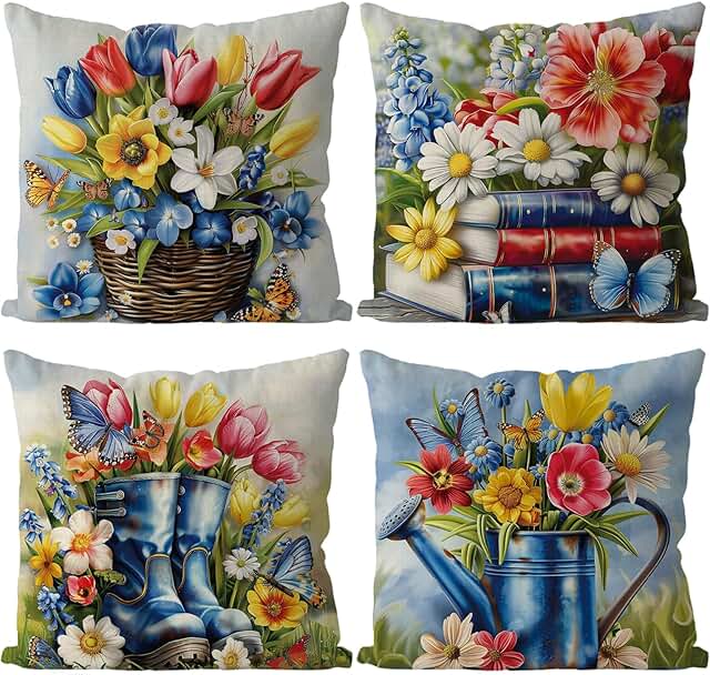 GAGEC Spring Pillow Covers 18x18 Inch Set of 4 Blue Shoes Floral Butterf...