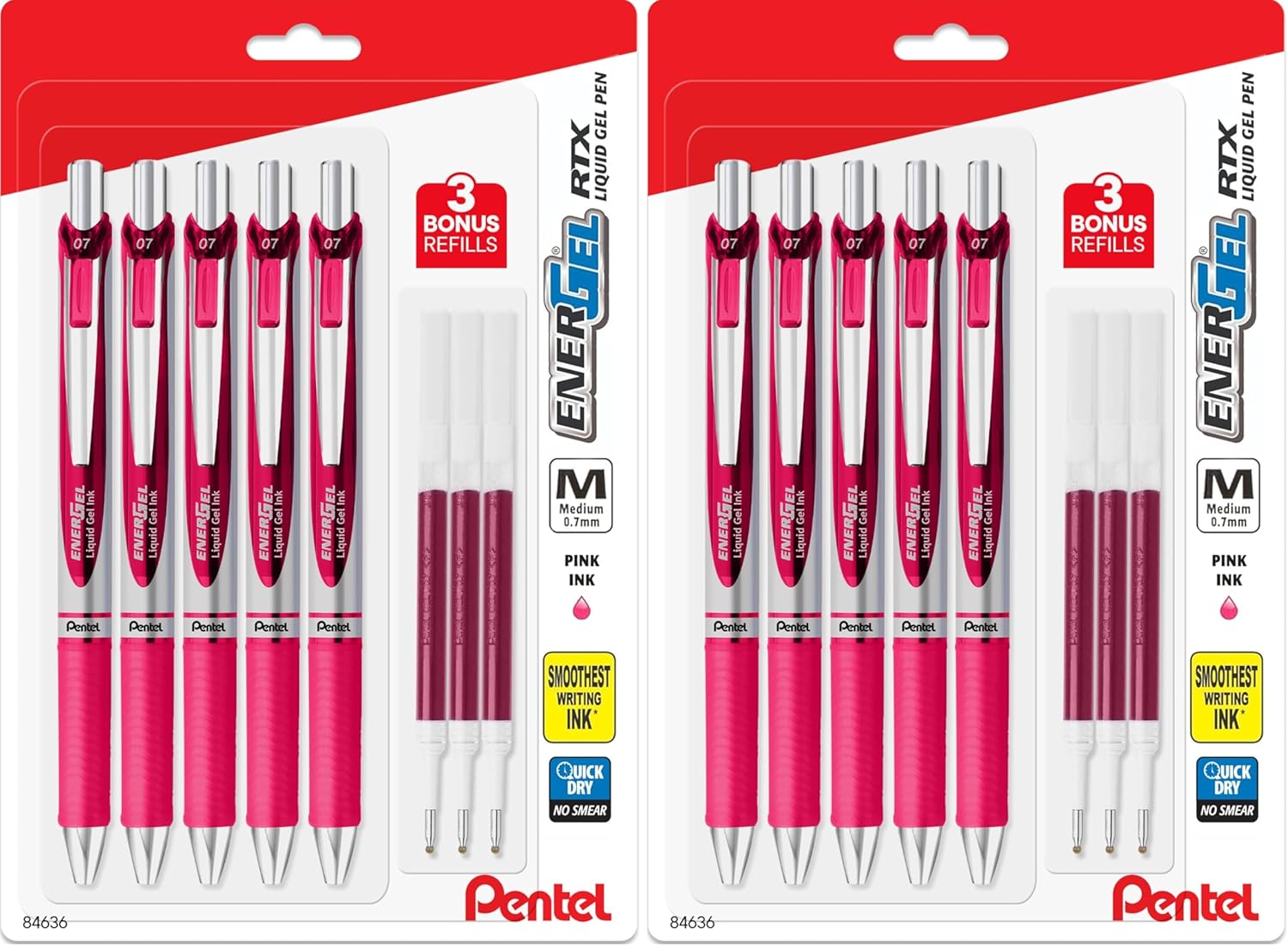 Pentel Energel 0.7 mm Liquid Gel Ink Pens - Pink Ink - Pack of 10 Deluxe RTX Pens with 3 Pink Refills