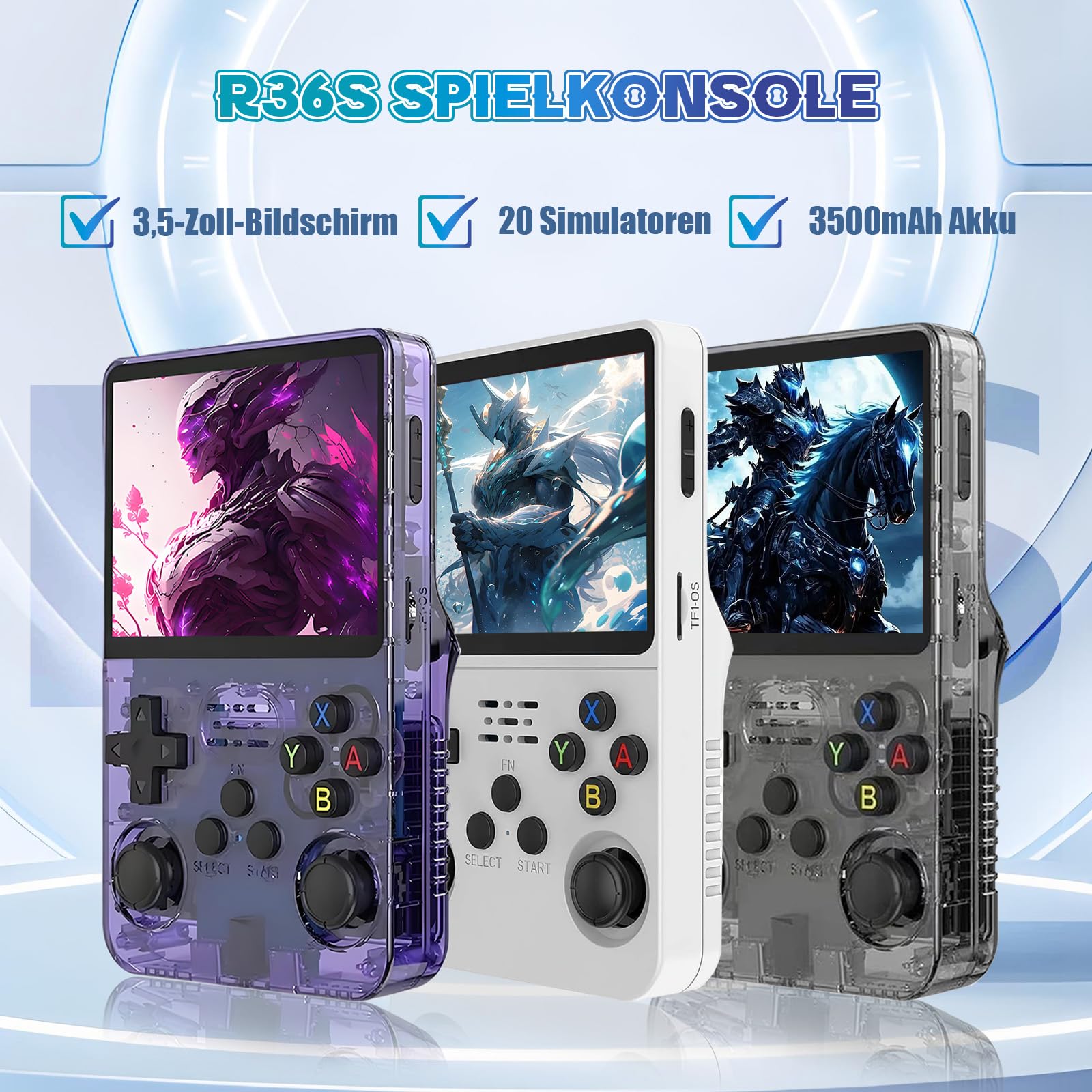 R36S Retro Handheld Spielkonsole, Retro Konsole 3,5-Zoll-IPS-Bildschirm, 128 G über 40.000 Spiele, tragbare Spielkonsole für Kinder und Erwachsene, unterstützt mehrere Emulatoren (Lila)