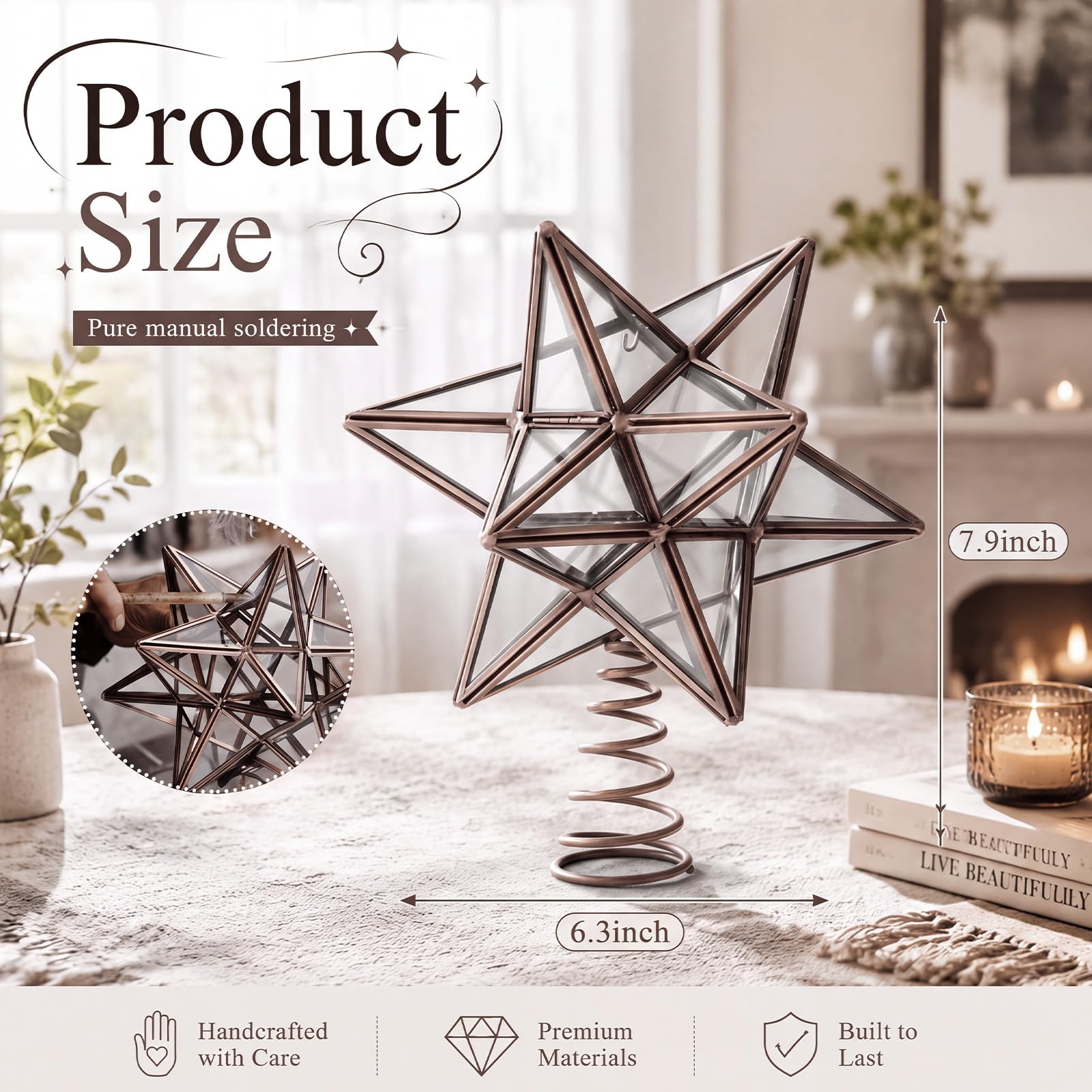 Gejoy 20 cm Weihnachtsbaumspitze aus Glas, mährischer Stern, Baumkrone, Ornament für Baum, Zuhause, Bauernhaus, Urlaub, Party-Dekorationen