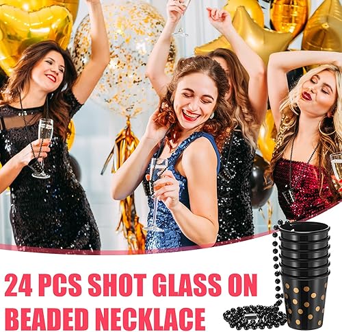 Miniatura 6 de Paquete de 24 collares de vidrio de chupito a granel, collar de plástico con cuentas, collar de cumpleaños de plástico negro y dorado para fiesta de