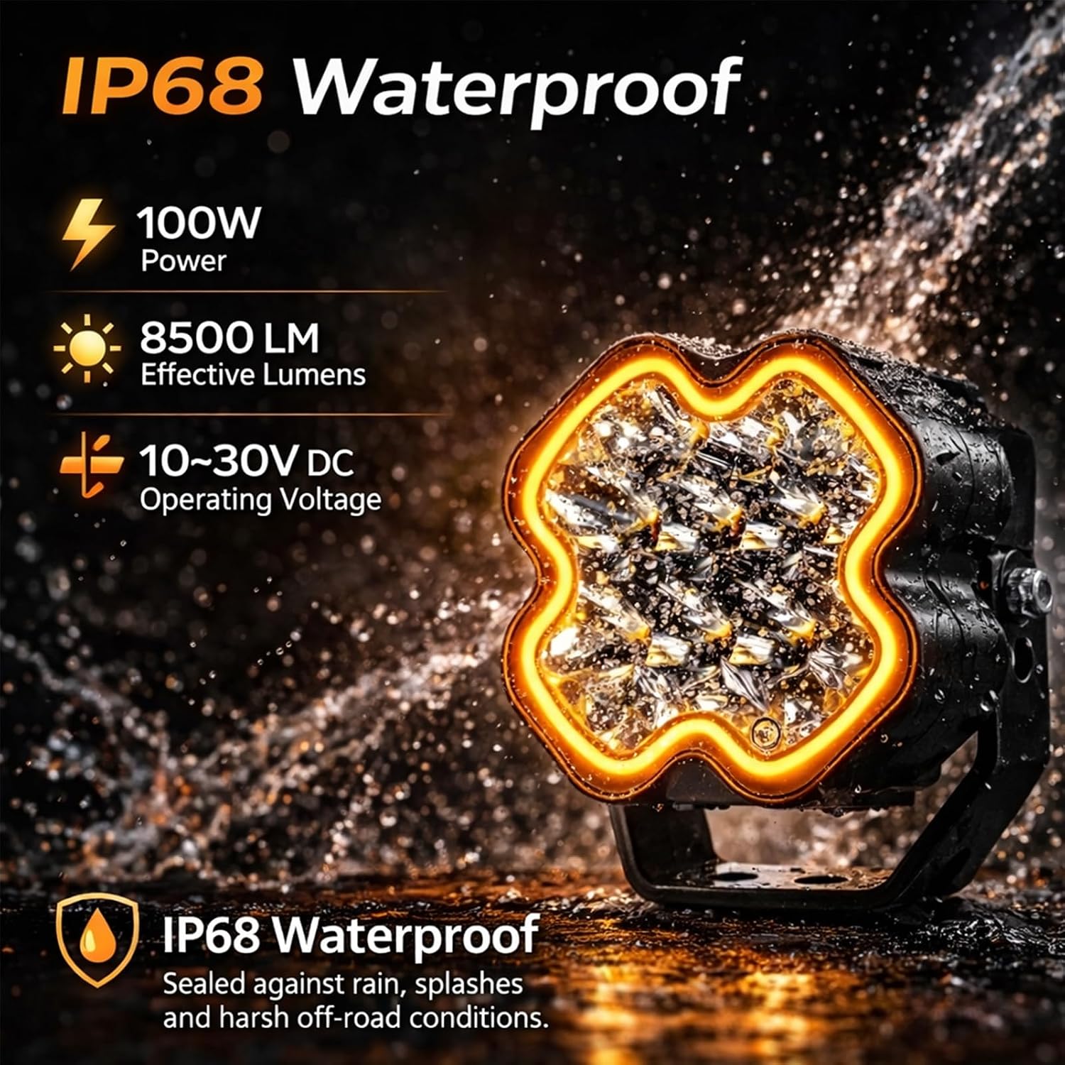 4 Inch 100W LED Pod Lights Amber DRL Clover Series Square Off Road Driving Lights Spot Flood Combo Auxiliary Ditch Lights with Yellow Covers, Wireless Remote Control & Wiring Harness, Pair