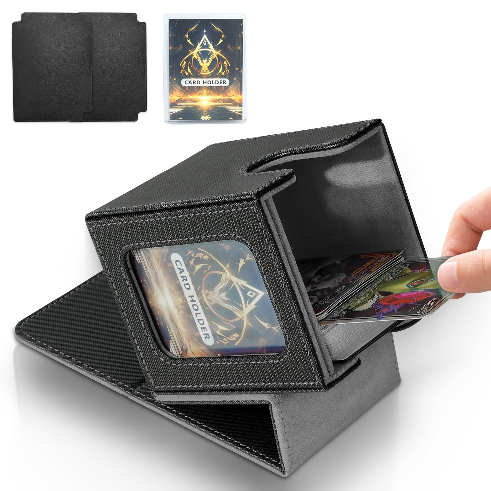 Jaffzora Card Deck Box for MTG Commander Magnetic Flip-Cover Case, Holds 100 Double-Sleeved Cards, 3.2x3.54x4.4 inches, Black & Grey