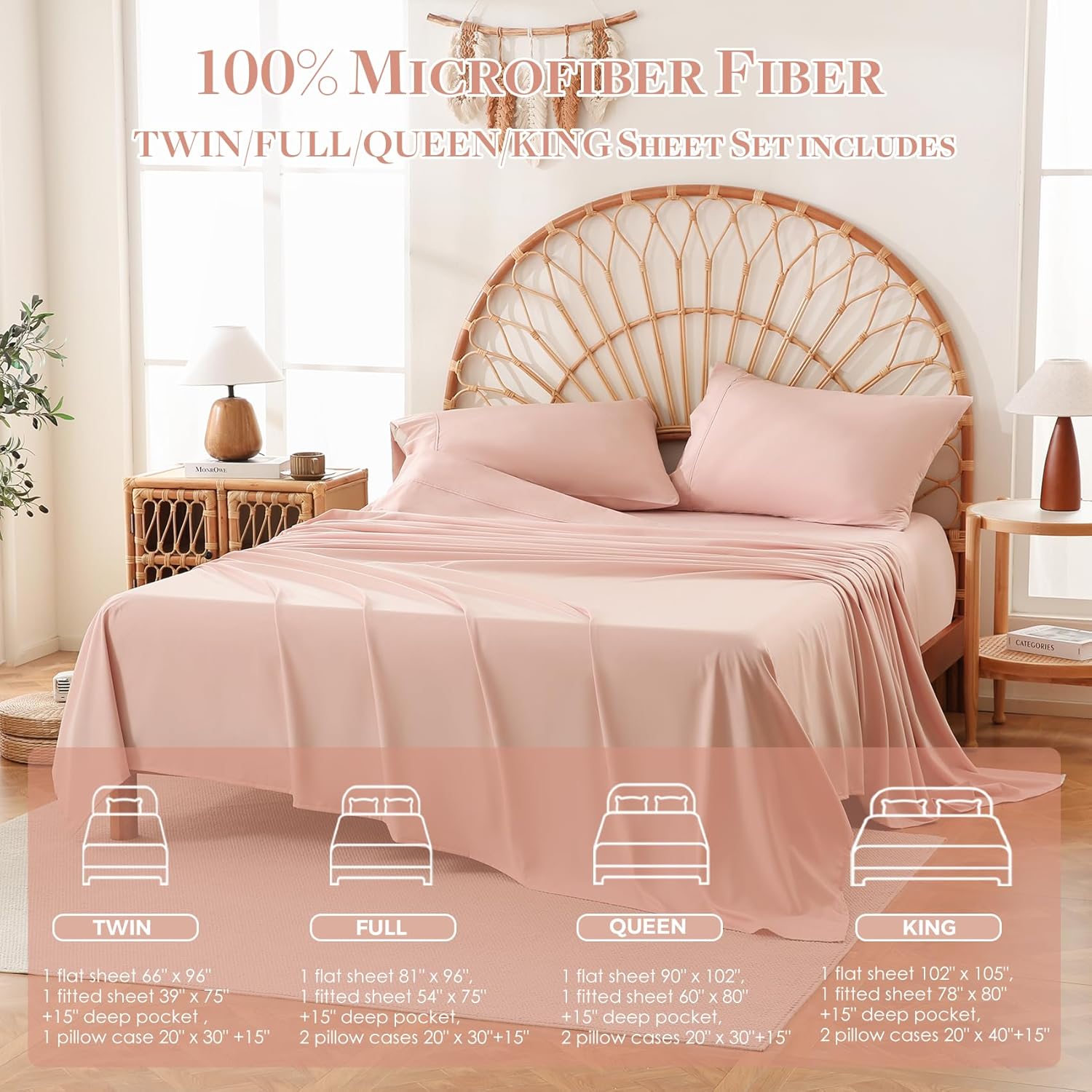 Queen Size Sheet Set 4 Pieces Extra 15" Deep Pocket Fitted Sheets Soft Microfiber Breathable Sheet for Queen Bed Pink Bed Sheets for Women Bedding with Pillowcases