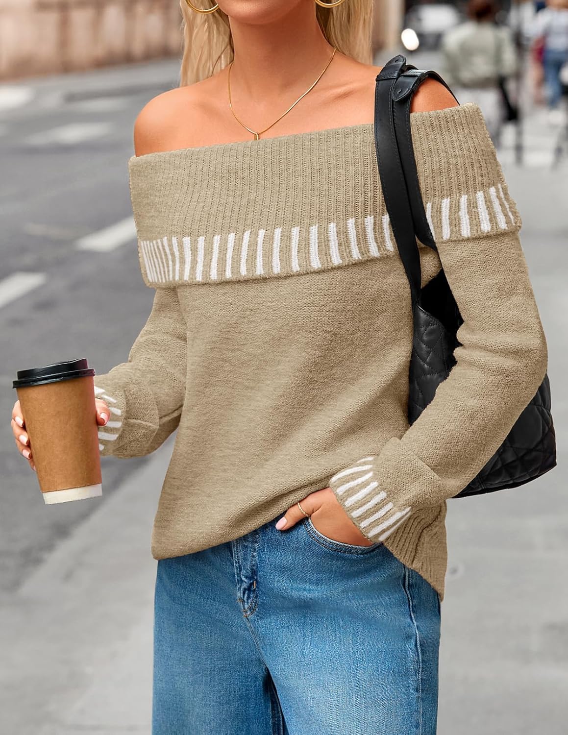 MEROKEETY Women's Off Shoulder Sweater 2025 Fall Winter Fashion Oversized Ribbed Knit Striped Pullover Tops - Image 5