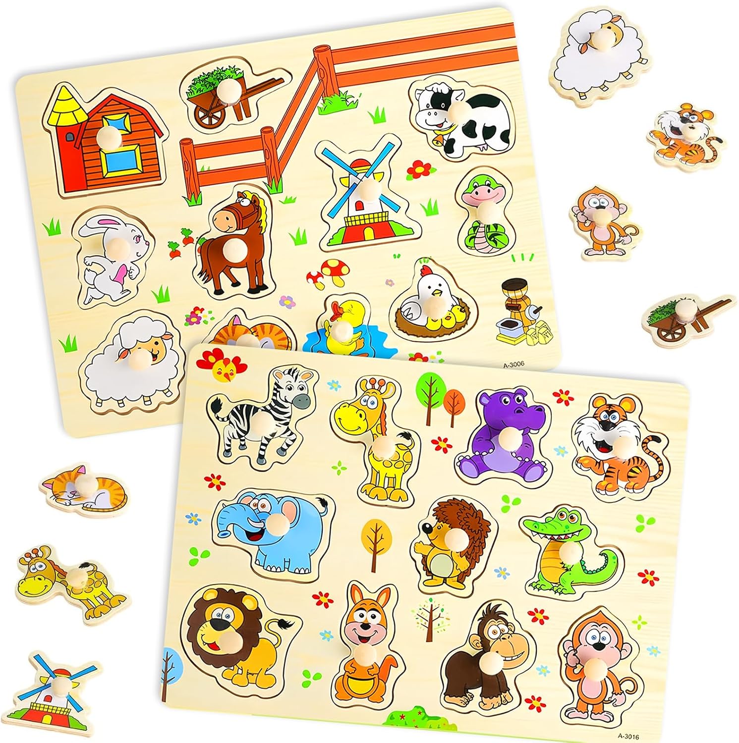 2 pieces wooden building blocks for children, puzzle to recognize the shapes of animals, farmhouse, wooden puzzle for children, gift for girls and boys from 2 years