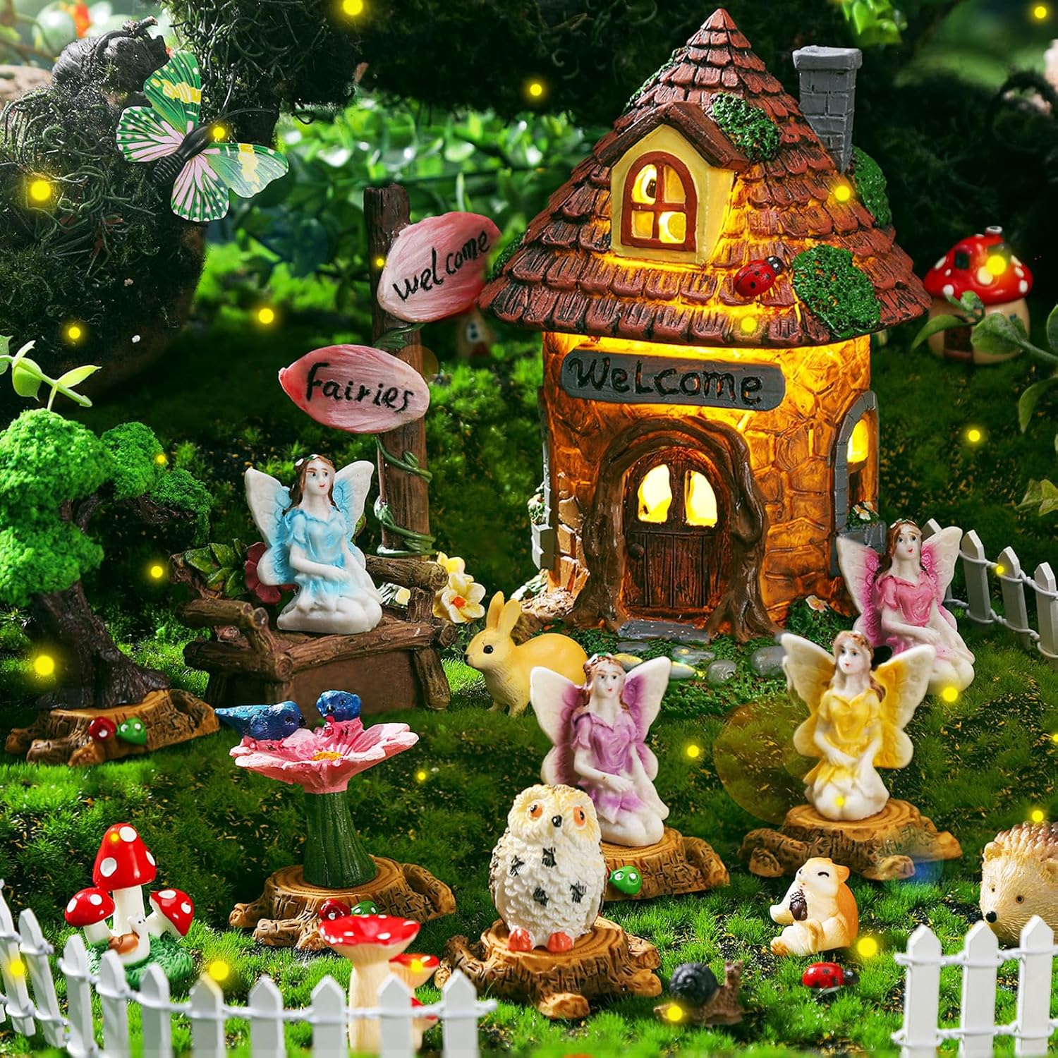 Leyndo 28 Pcs Solar House Garden Accessories Fairy Light up Fairy Figures Garden Kit Resin Miniature Mushroom House Figures Micro Landscape Ornaments (Fresh)