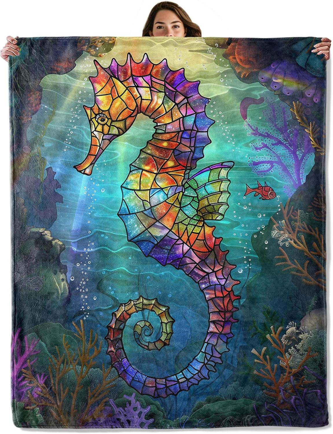 Colorful Seahorse Throw Blanket – Underwater Ocean Design, Cozy Warm Flannel Blankets, All Season Use, Kids Boys Girls Women Gifts, 50x60in, Sofa Office Dorm Travel RV Farmhouse Decoration