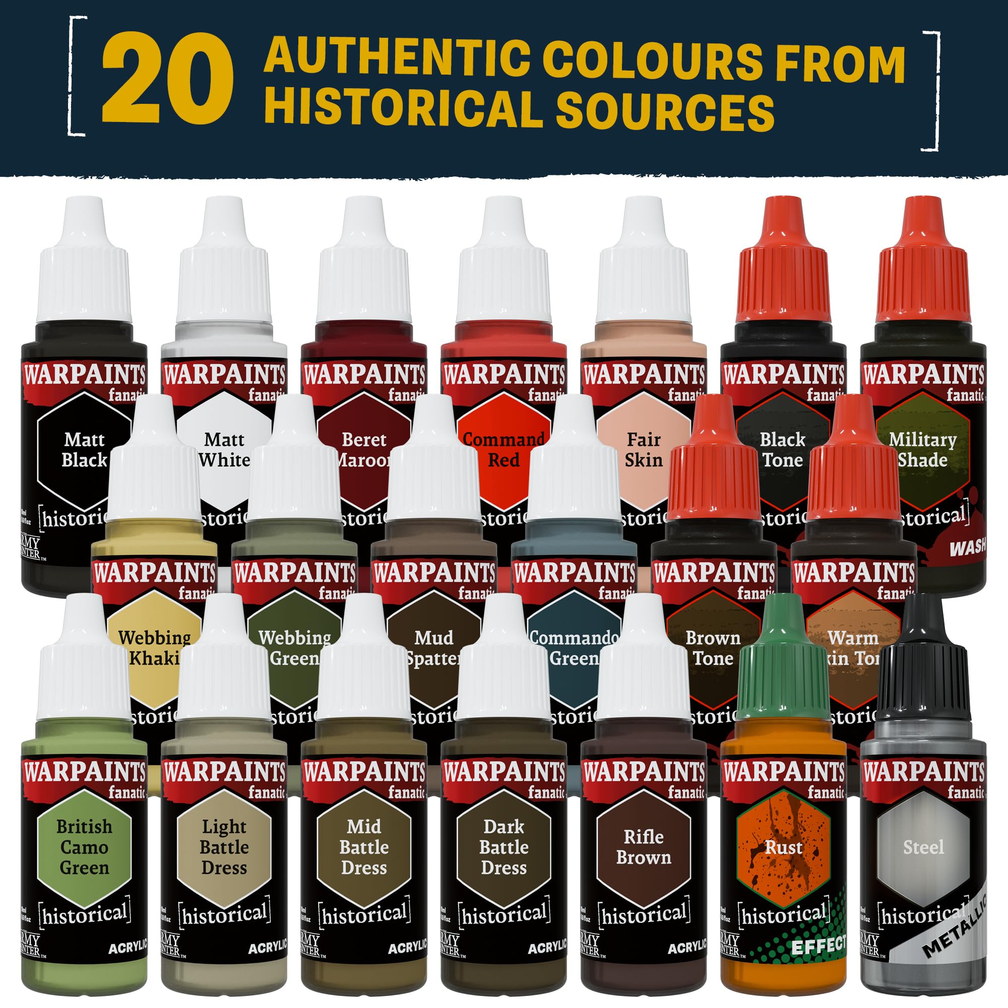 The Army Painter, Historical: WWII British Paint Set, 20 x 18 ml Warpaints Fanatic: 14 acrylic, 4 Washes, 1 Effect & 1 Metallic - Miniature Paint for British Armed Forces