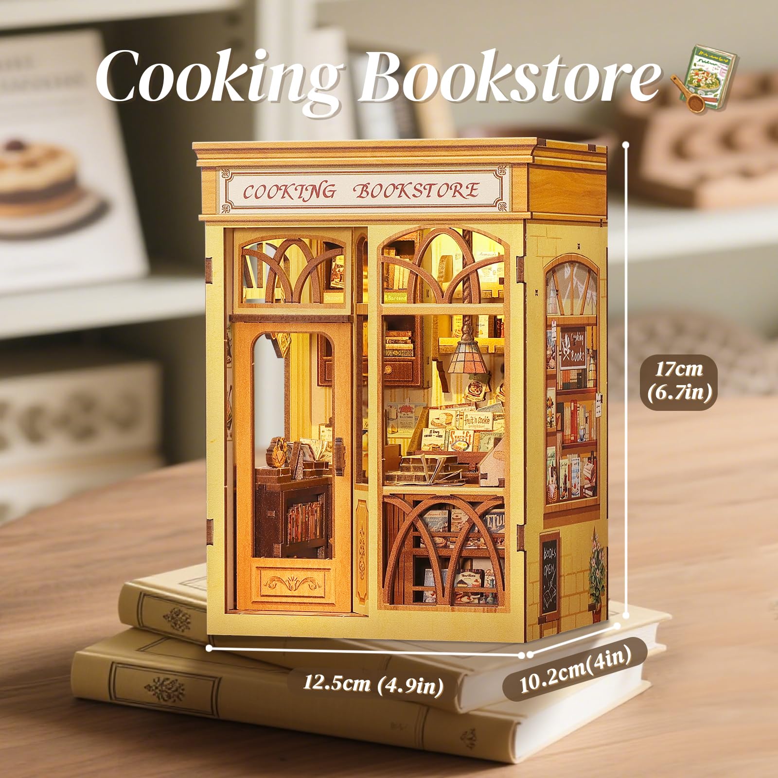 CUTEBEE Book Nook Kit - Miniature Legname 3D Casa Prefabbricata, DIY a Tema Cucina per Adulti, Regalo Ldeale per Gli Appassionati di Cucina e per La Casa, Regalo di Compleanno (Cooking Bookstore)