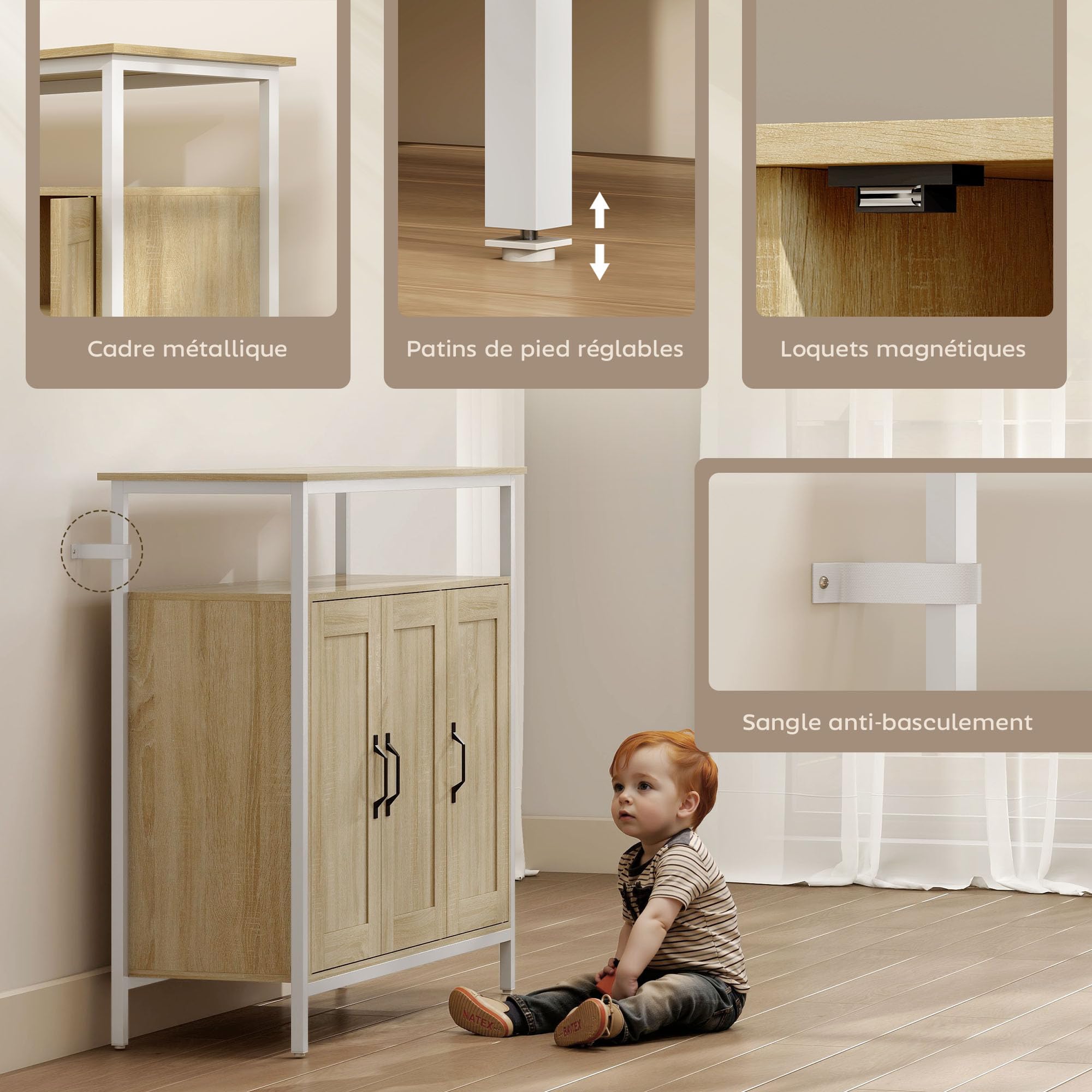 HOMCOM Buffet 3 Portes, Compartiment Ouvert, 100 x 35 x 88 cm, Bois Naturel | Meuble de Rangement, 4 Étagères Réglables, Cadre en Métal, Style Industriel, Salle à Manger, Cuisine, Salon
