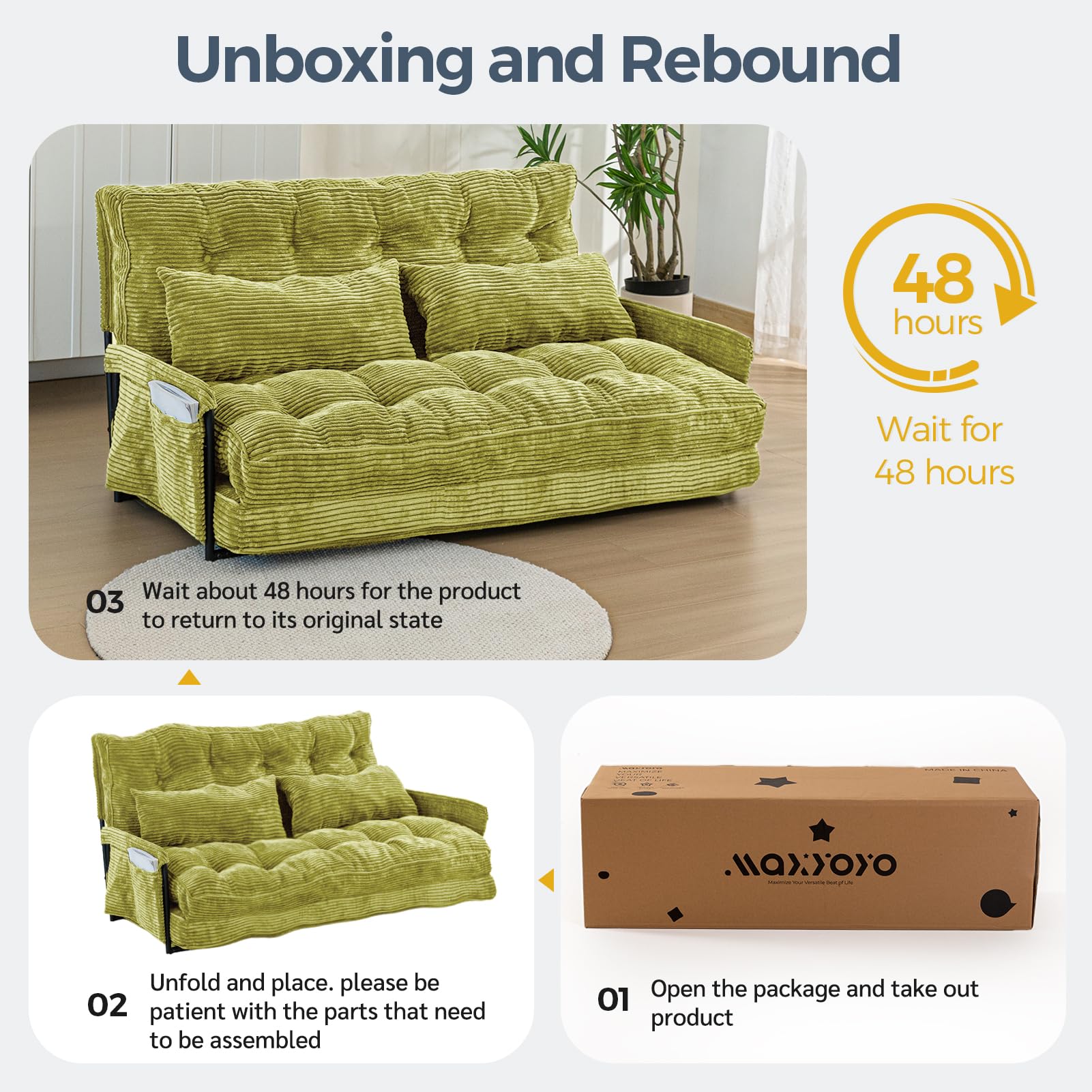 MAXYOYO Regulowana sofa rozkładana z 2 poduszkami, wielofunkcyjna sofa do spania, 5-pozycyjna rozkładana sofa z podłokietnikami, uniwersalne siedzisko do czytania