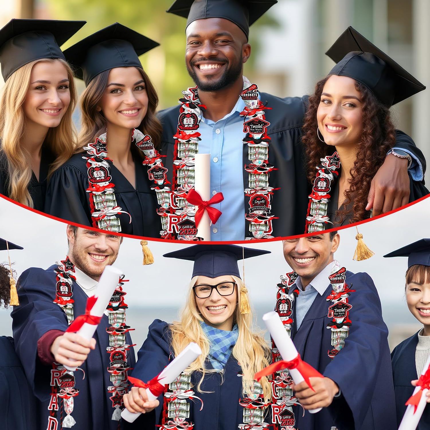 Graduation Lei Making Kit Class of 2026 DIY Lei PE Bags Candy Tubing Money Leis 2026 Graduation Ribbon Necklace Include 2 x 5 ft PE Bags 90 Pcs Flower Accessories for Grad Party Supplies (Black, Red) image 3