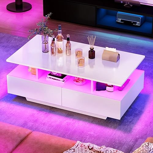 YITAHOME Mesas de Centro LED para Sala de Estar, Mesa de Centro de Alto Brillo con Almacenamiento de 4 Cajones Deslizantes, Mesa de Centro LED